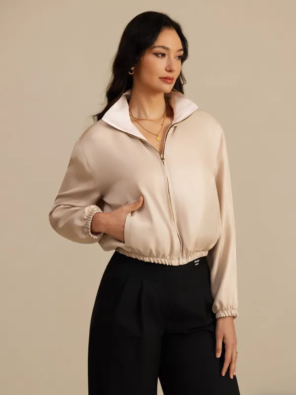 Pure Silk Women's Short Stand Collar Reversible Jacket With Pockets made by SilkSilky