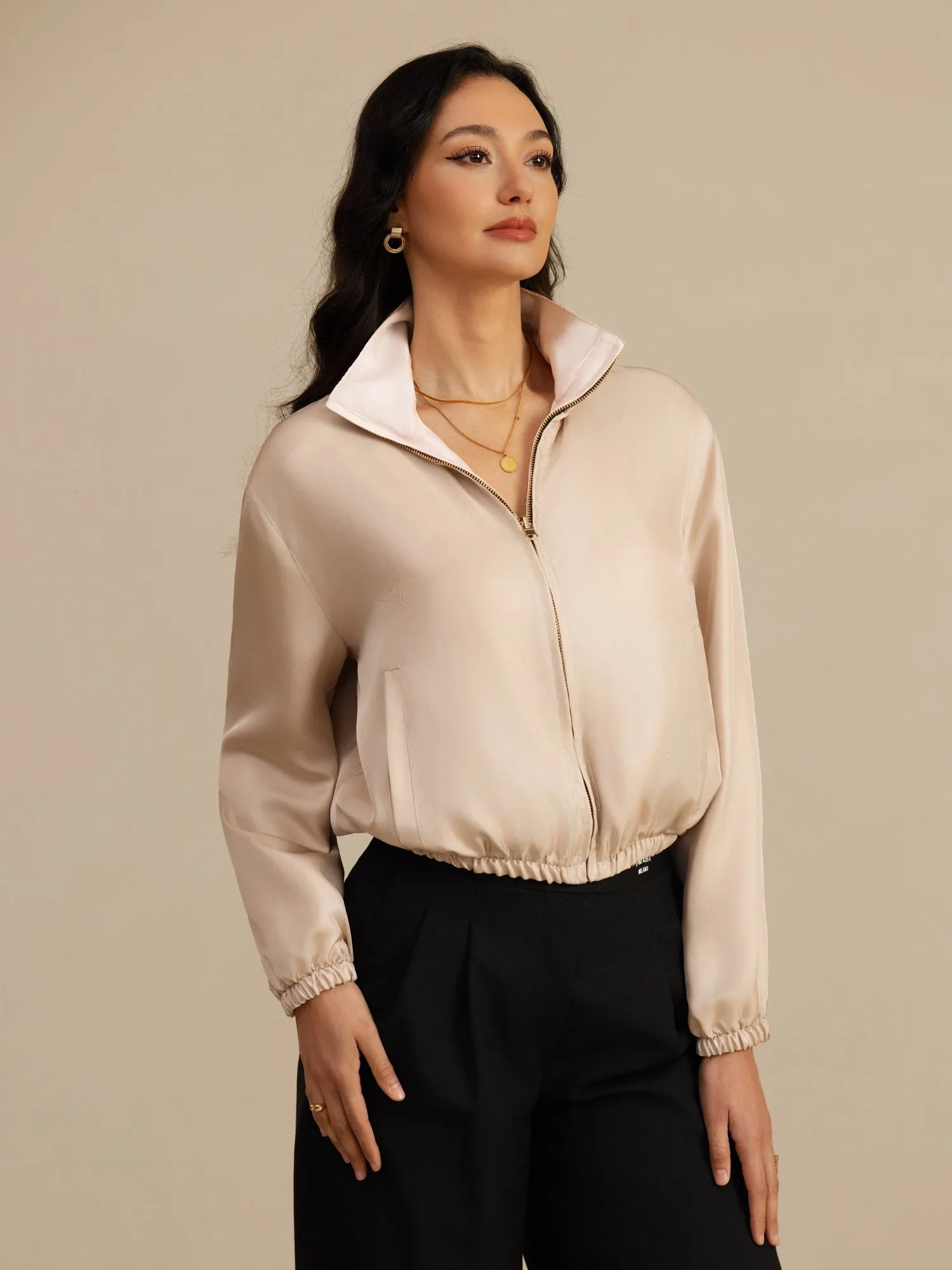 Pure Silk Women's Short Stand Collar Reversible Jacket With Pockets sold by SilkSilky product image thumbnail 3