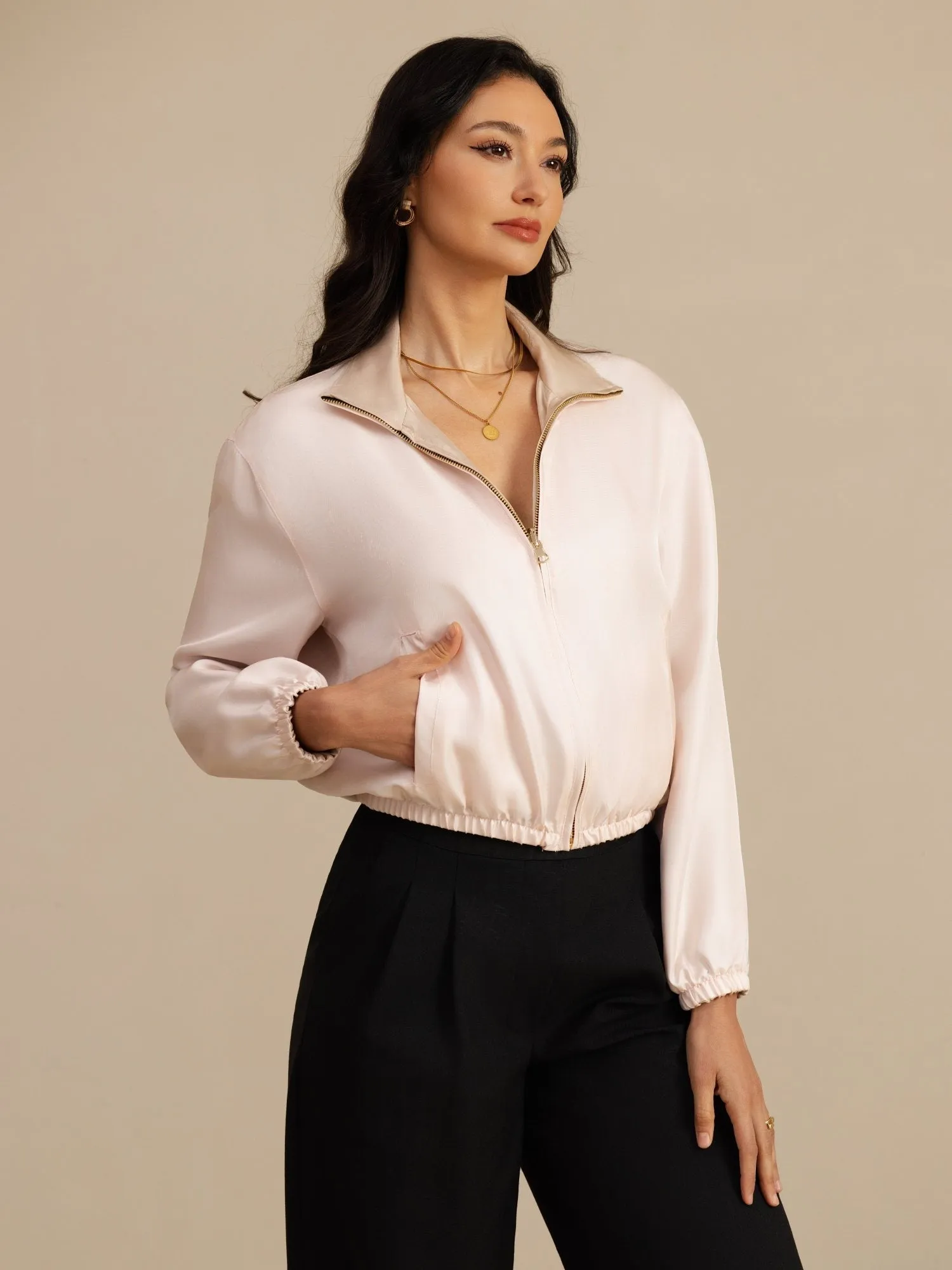 Pure Silk Women's Short Stand Collar Reversible Jacket With Pockets sold by SilkSilky product image thumbnail 5