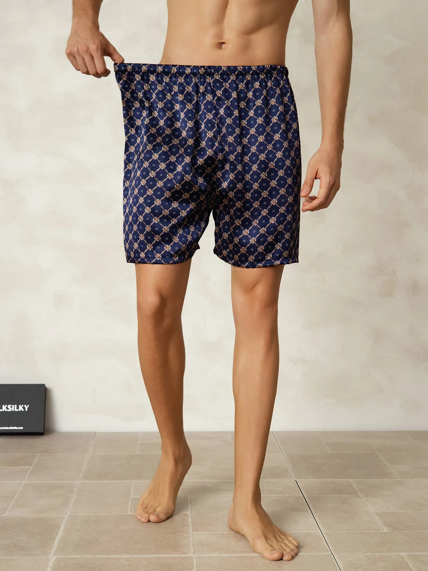 Pure Silk Navy Chain Print Elastic Waist Men's Sleep Shorts sold by SilkSilky