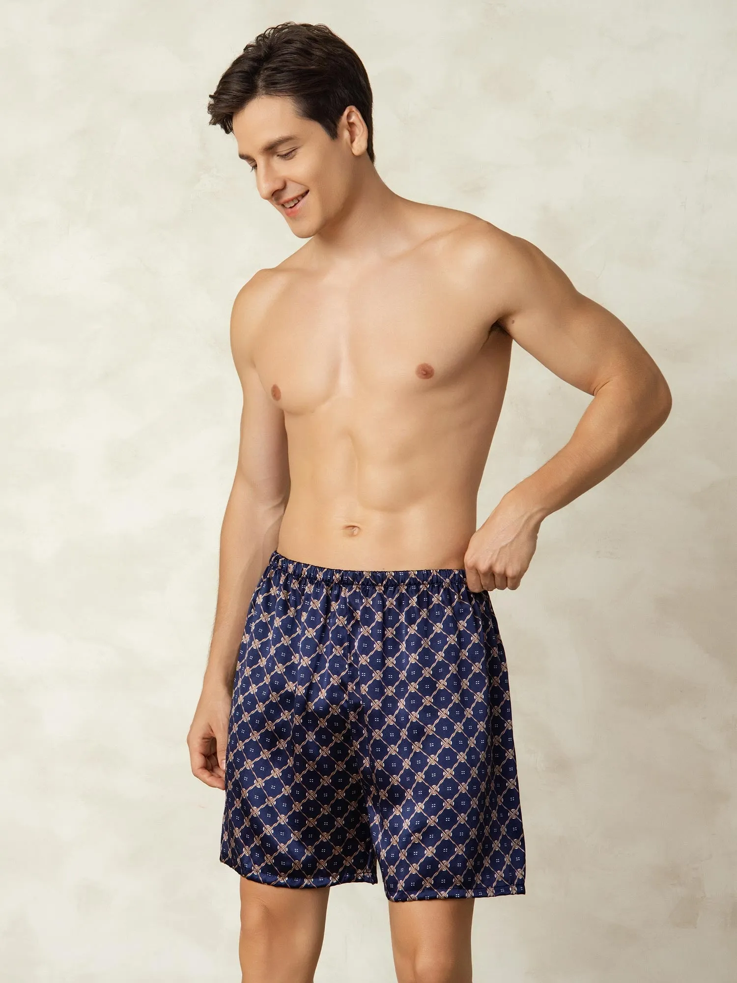 Pure Silk Navy Chain Print Elastic Waist Men's Sleep Shorts sold by SilkSilky product image thumbnail 5