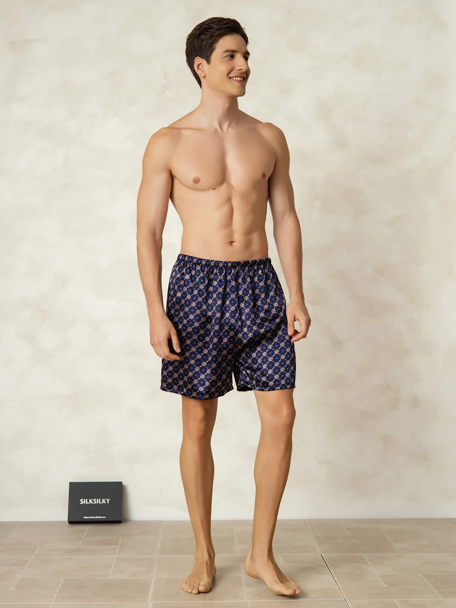 Pure Silk Navy Chain Print Elastic Waist Men's Sleep Shorts sold by SilkSilky product image thumbnail 2