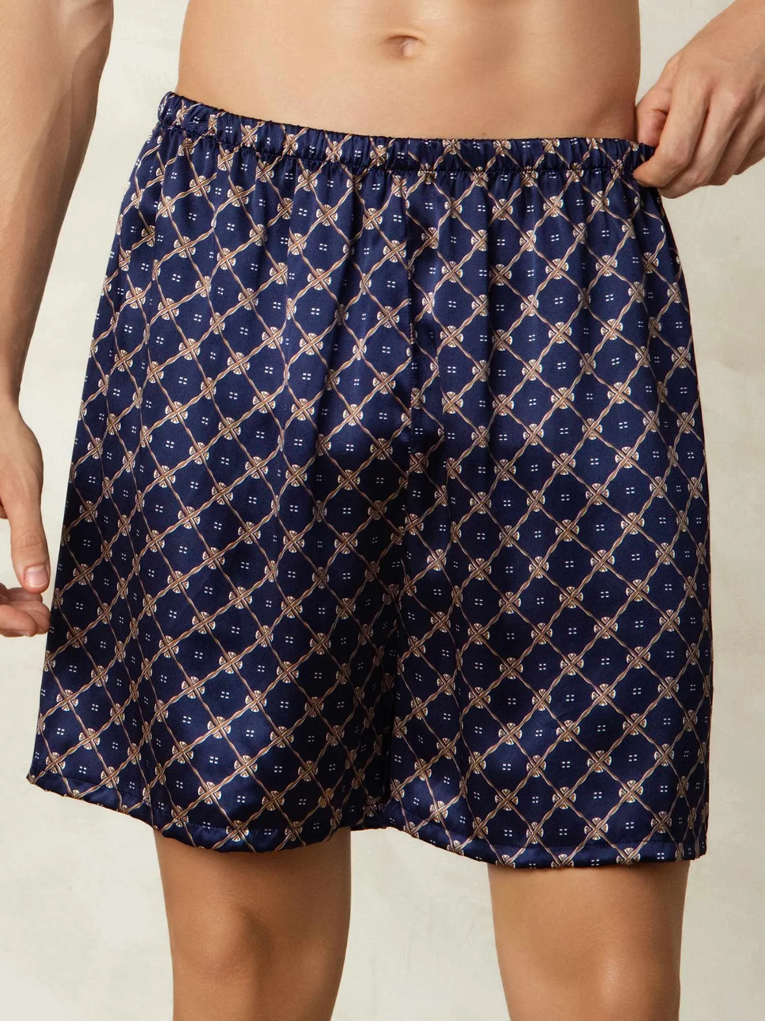 Pure Silk Navy Chain Print Elastic Waist Men's Sleep Shorts sold by SilkSilky product image thumbnail 3