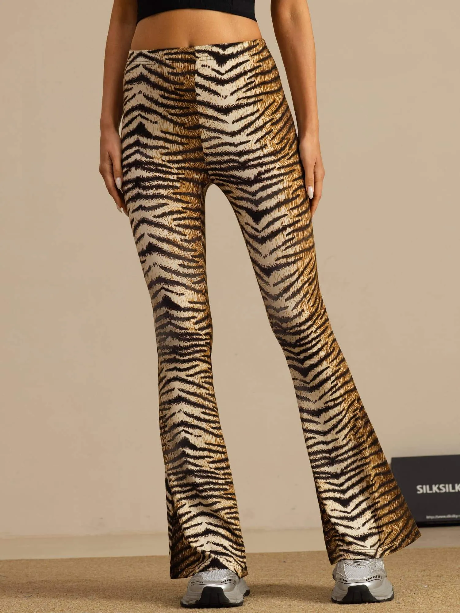 Pure Silk Wild Animal Print Women's Flare Pants High Waisted Bell Bottom sold by SilkSilky product image thumbnail 3