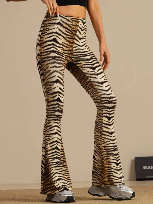 Pure Silk Wild Animal Print Women's Flare Pants High Waisted Bell Bottom made by SilkSilky