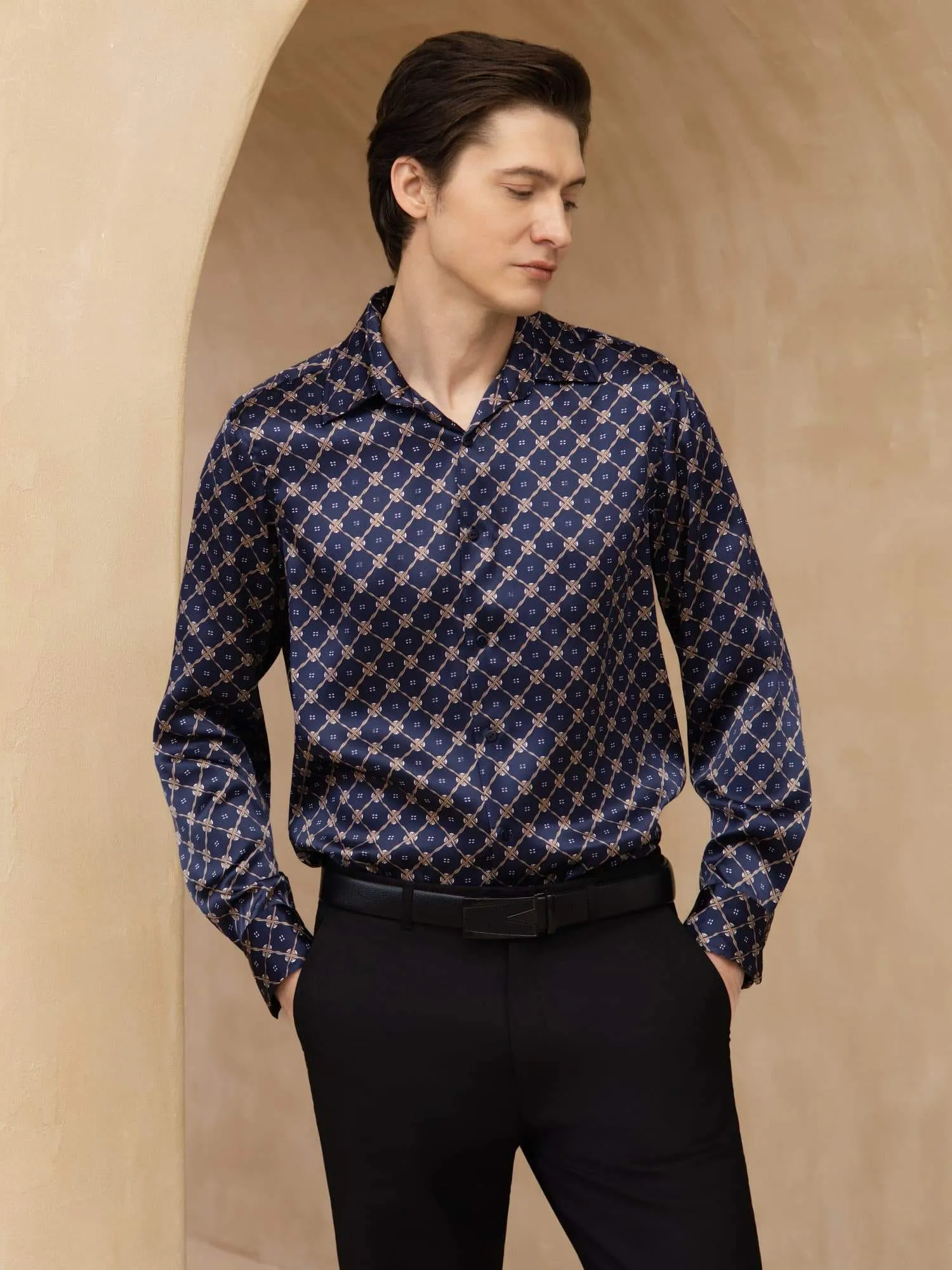Pure Silk Men's Long Sleeve Lapel Collar Chain Print Shirt sold by SilkSilky product image thumbnail 5