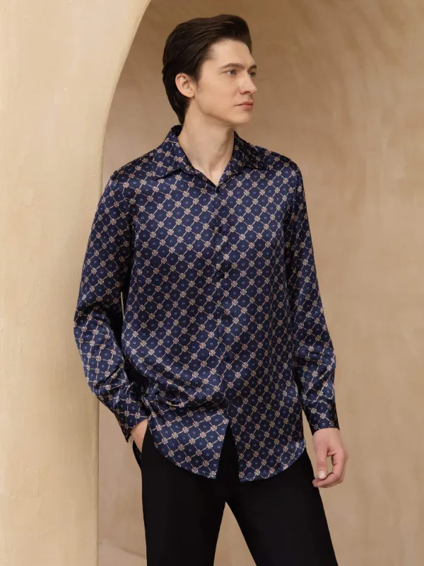 Pure Silk Men's Long Sleeve Lapel Collar Chain Print Shirt made by SilkSilky