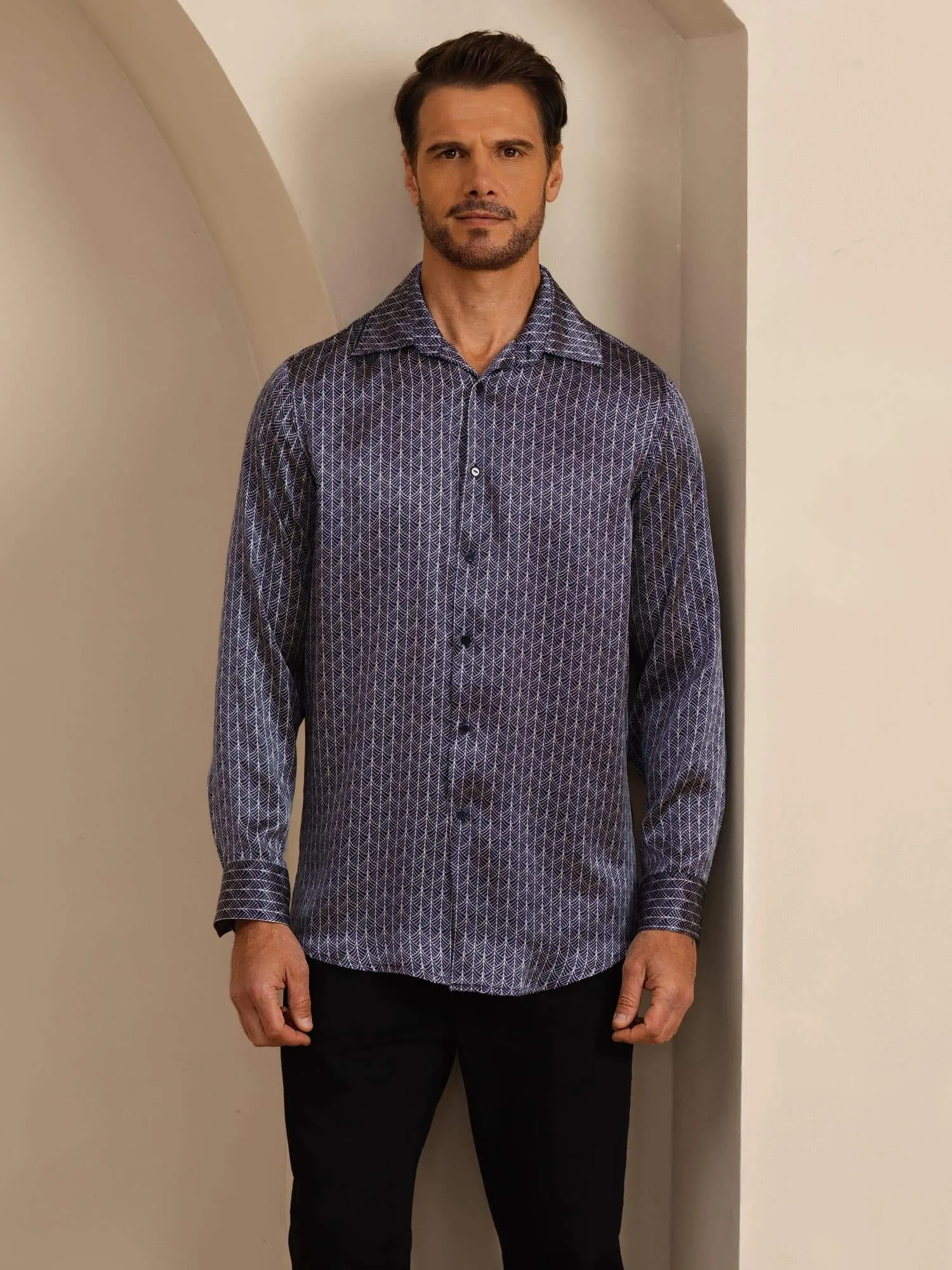 Pure Silk Men's Long Sleeve Lapel Collar Ginkgo Print Shirt sold by SilkSilky product image thumbnail 4