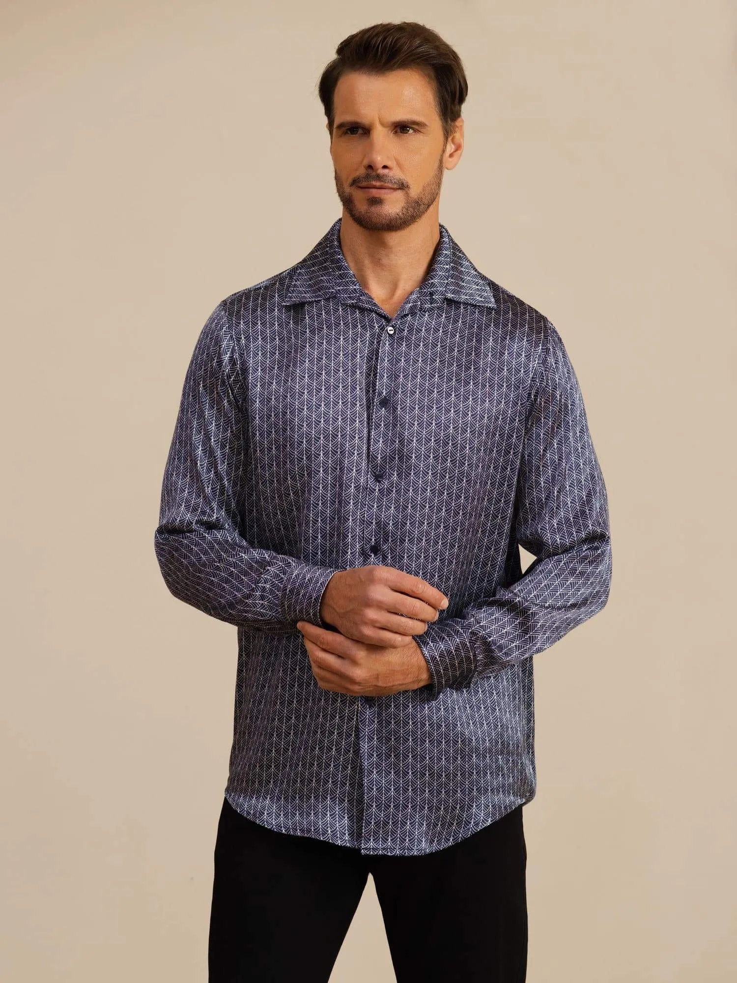 Pure Silk Men's Long Sleeve Lapel Collar Ginkgo Print Shirt sold by SilkSilky product image thumbnail 3