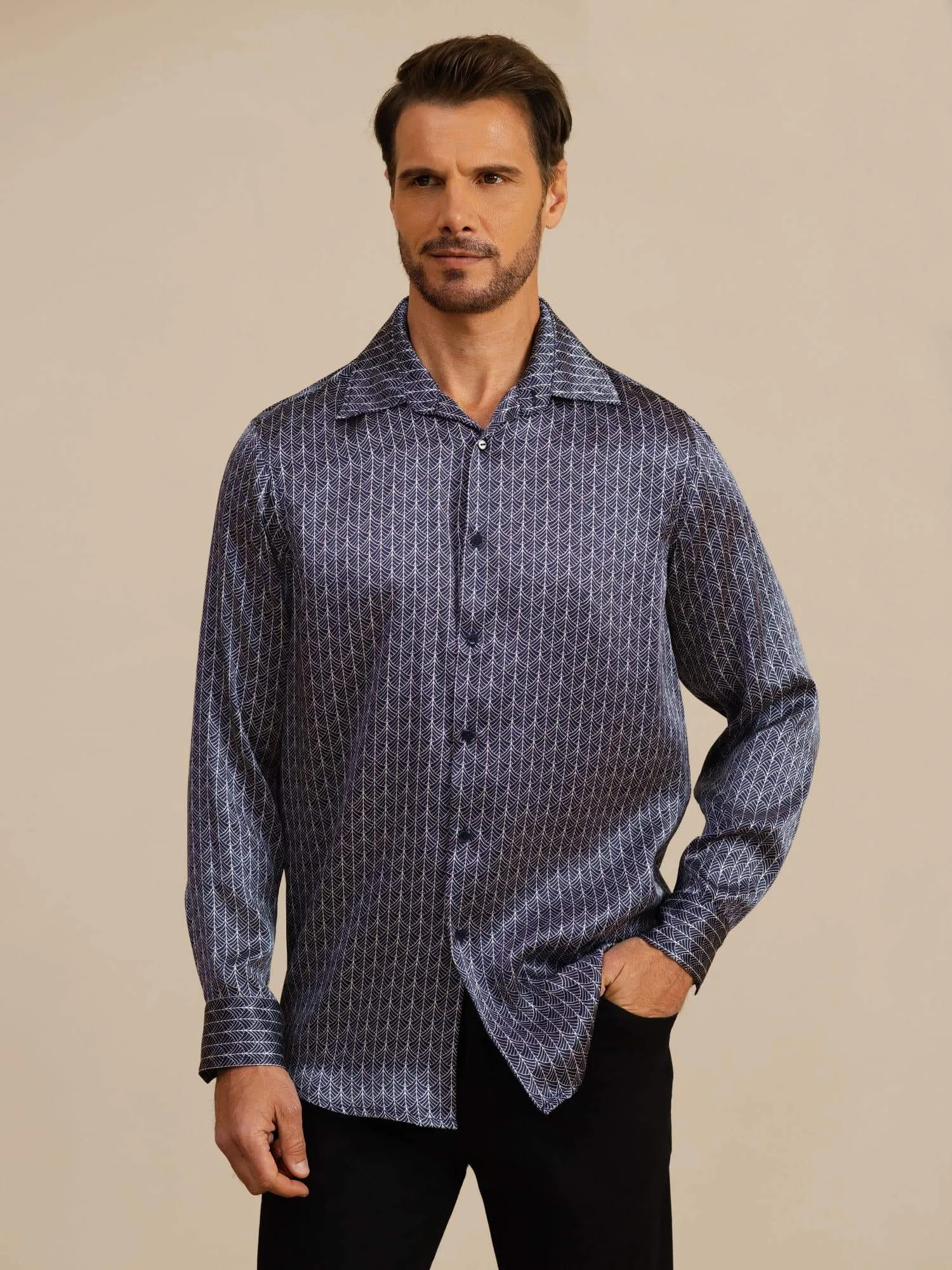 Pure Silk Men's Long Sleeve Lapel Collar Ginkgo Print Shirt sold by SilkSilky