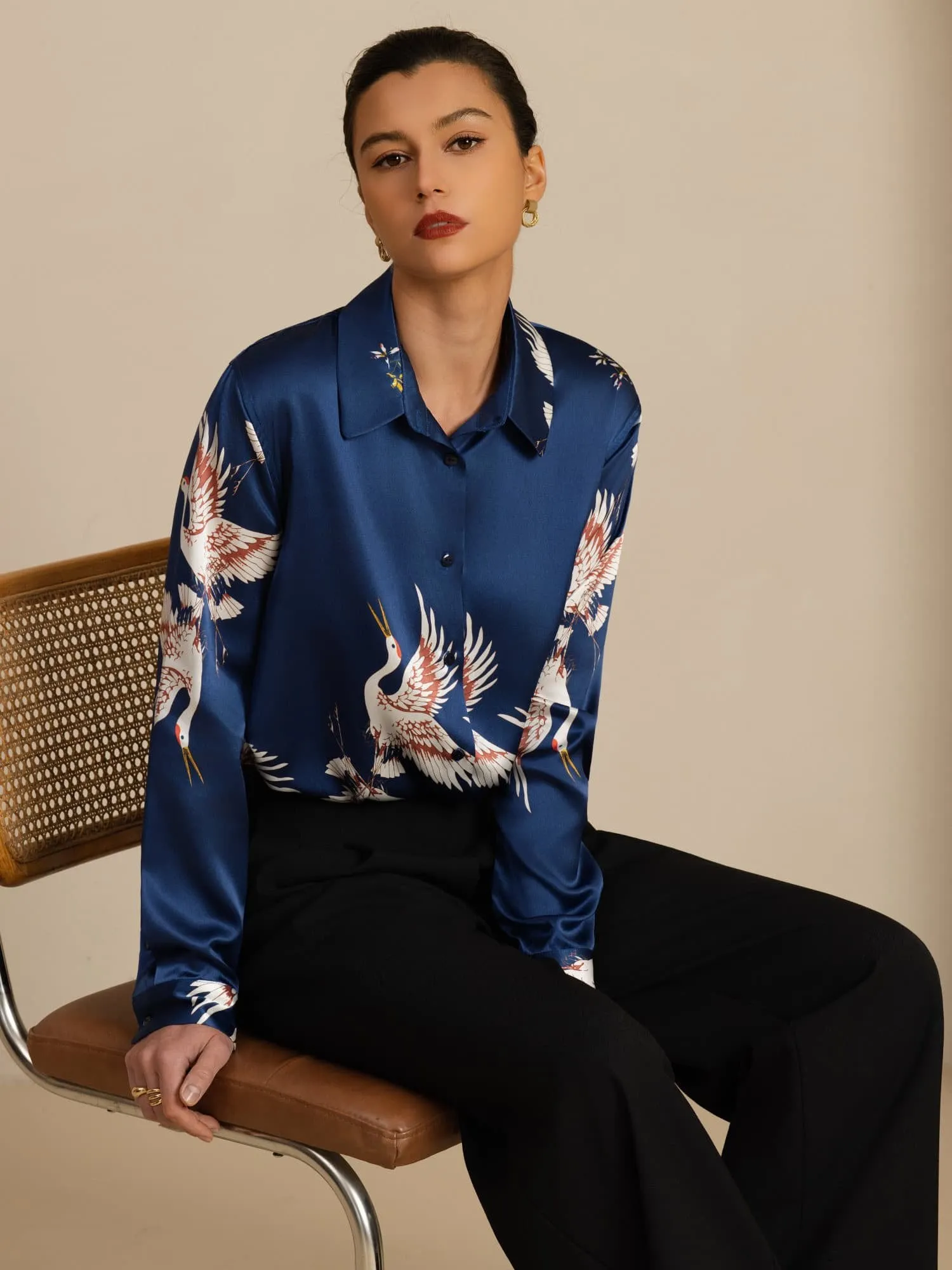 19Momme 100% Mulberry Silk Long Sleeve Lapel Collar Women's Crane Print Button Blouse sold by SilkSilky product image thumbnail 5