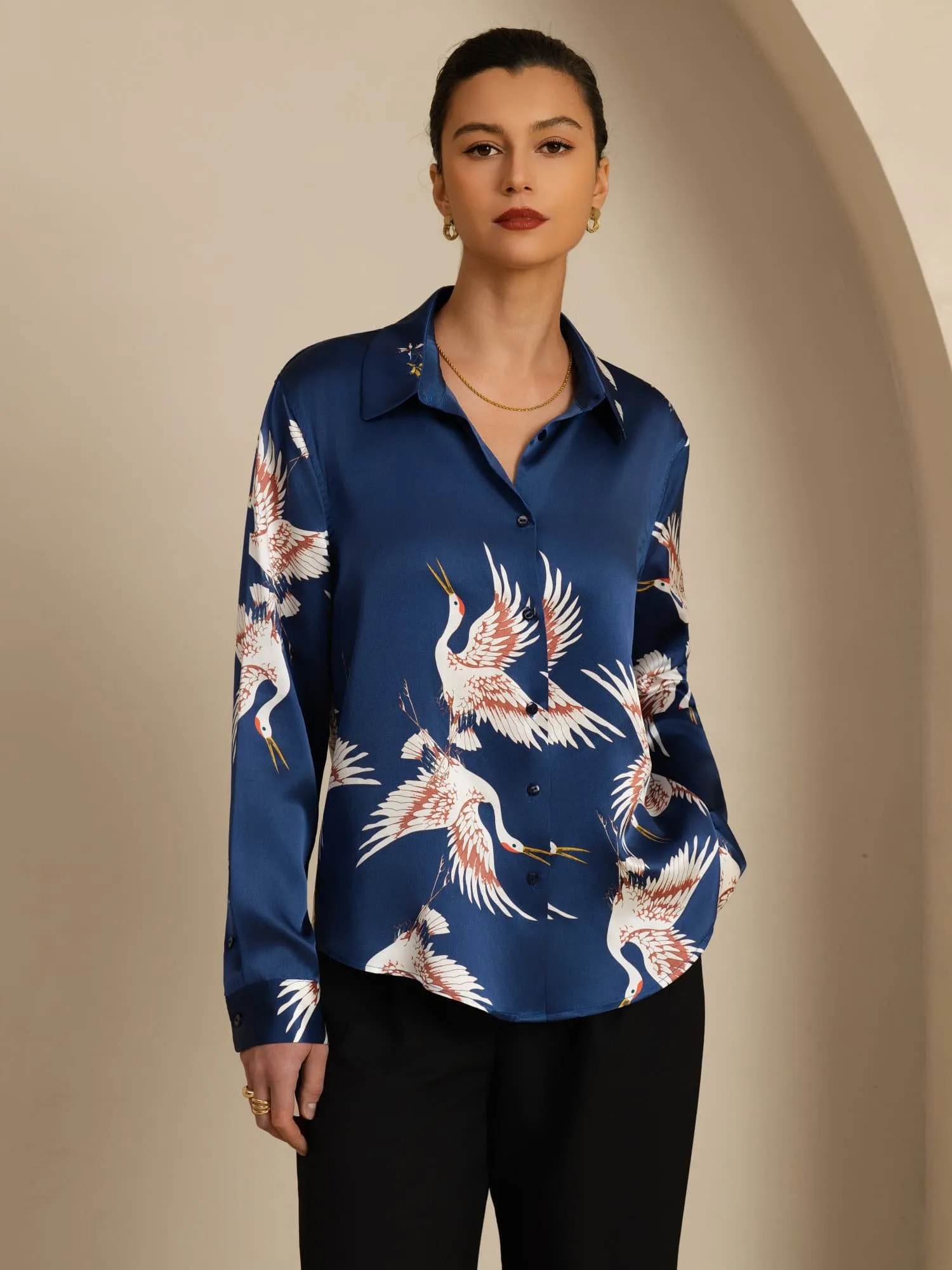 19Momme 100% Mulberry Silk Long Sleeve Lapel Collar Women's Crane Print Button Blouse sold by SilkSilky product image thumbnail 4