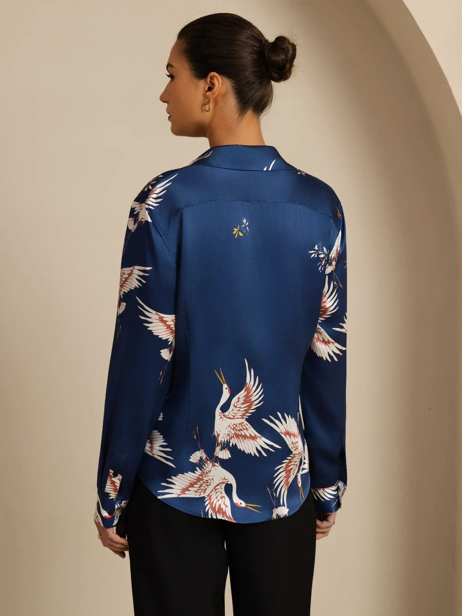 19Momme 100% Mulberry Silk Long Sleeve Lapel Collar Women's Crane Print Button Blouse sold by SilkSilky product image thumbnail 2
