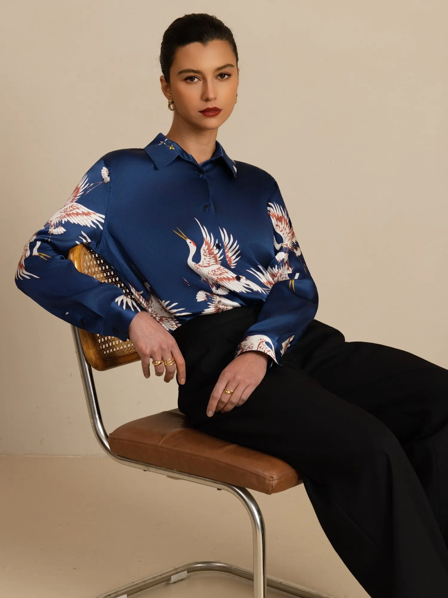 19Momme 100% Mulberry Silk Long Sleeve Lapel Collar Women's Crane Print Button Blouse sold by SilkSilky