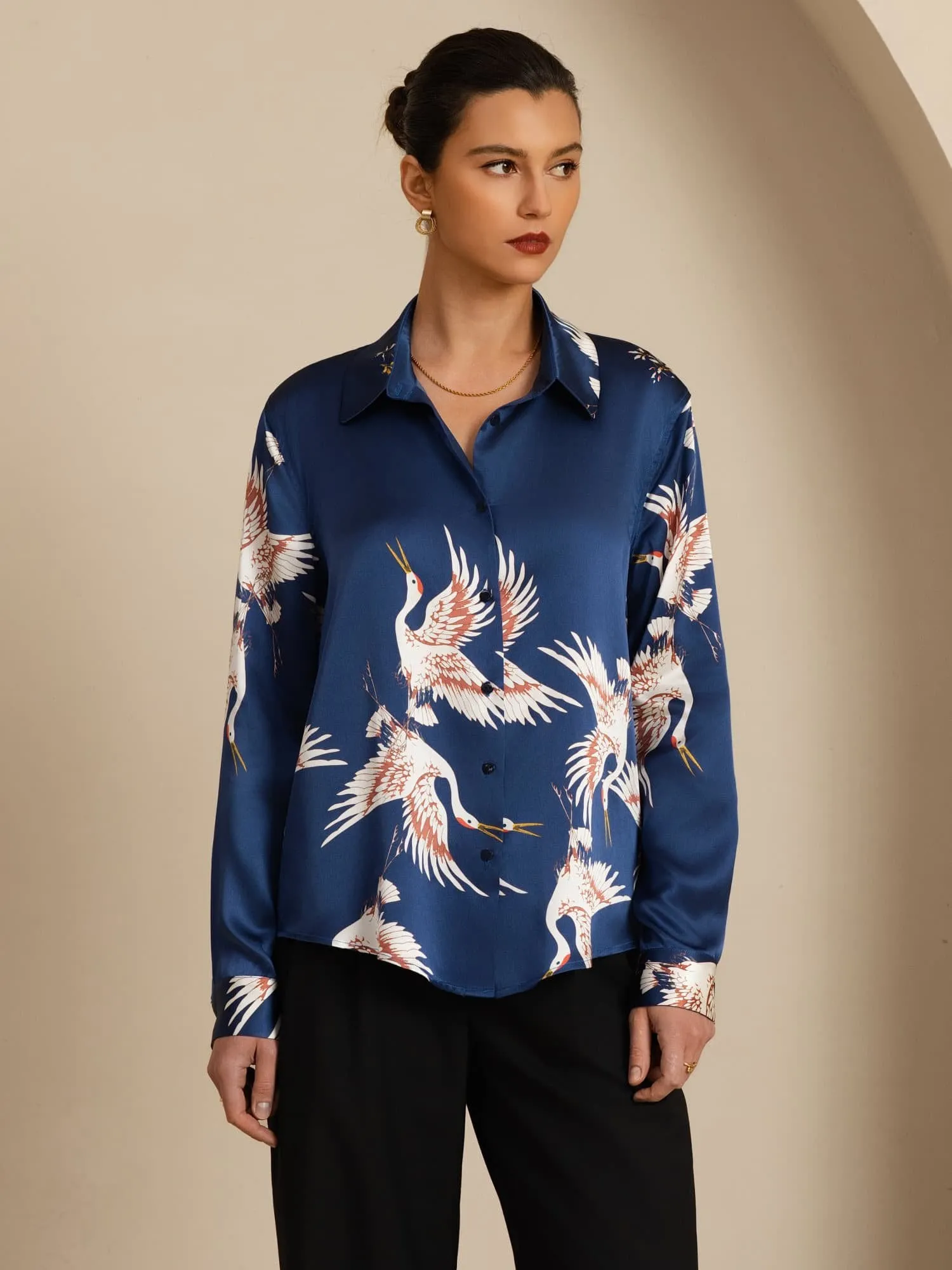 19Momme 100% Mulberry Silk Long Sleeve Lapel Collar Women's Crane Print Button Blouse sold by SilkSilky product image thumbnail 3
