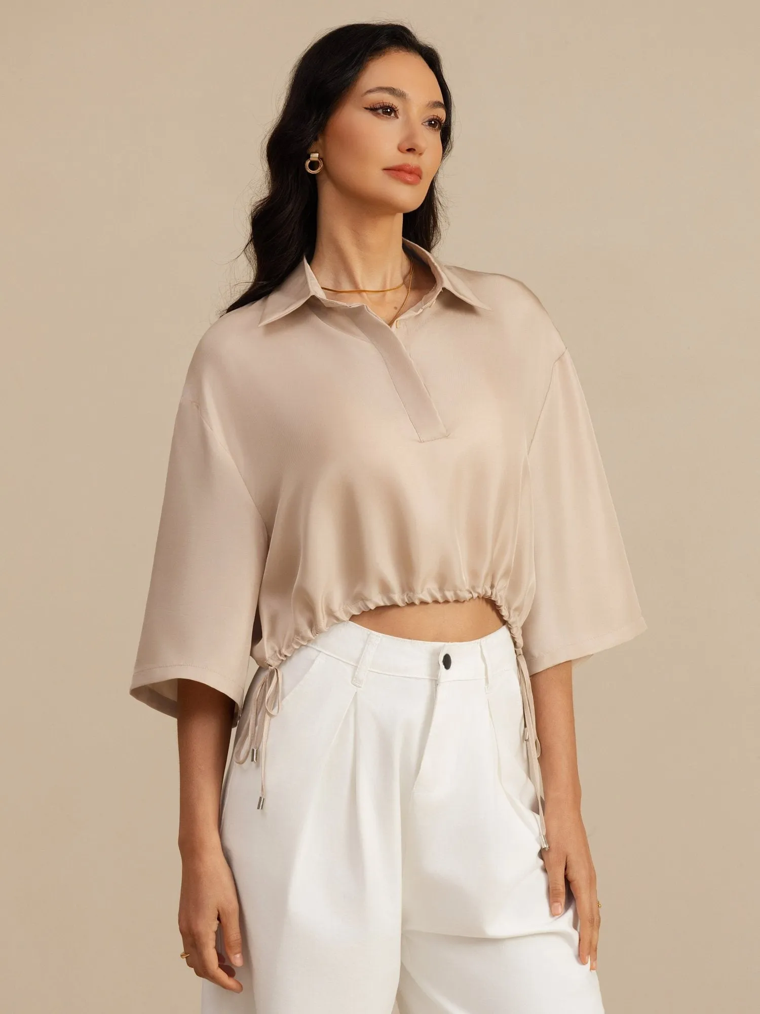 Pure Silk Women's Half Sleeve Cropped Blouse With Drawstring Hem sold by SilkSilky