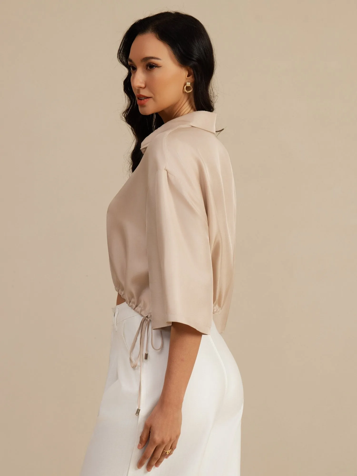 Pure Silk Women's Half Sleeve Cropped Blouse With Drawstring Hem sold by SilkSilky product image thumbnail 3