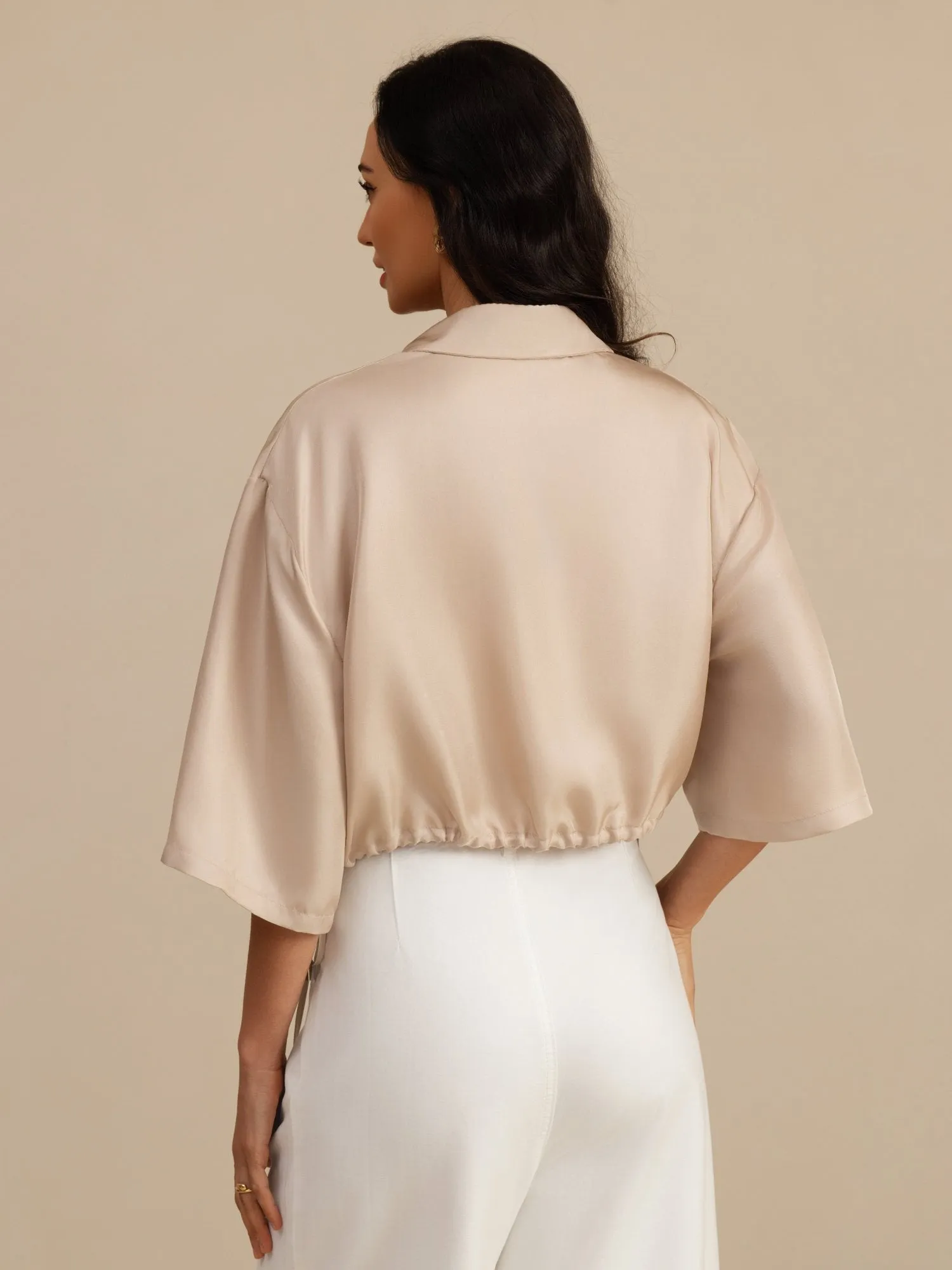 Pure Silk Women's Half Sleeve Cropped Blouse With Drawstring Hem sold by SilkSilky product image thumbnail 2