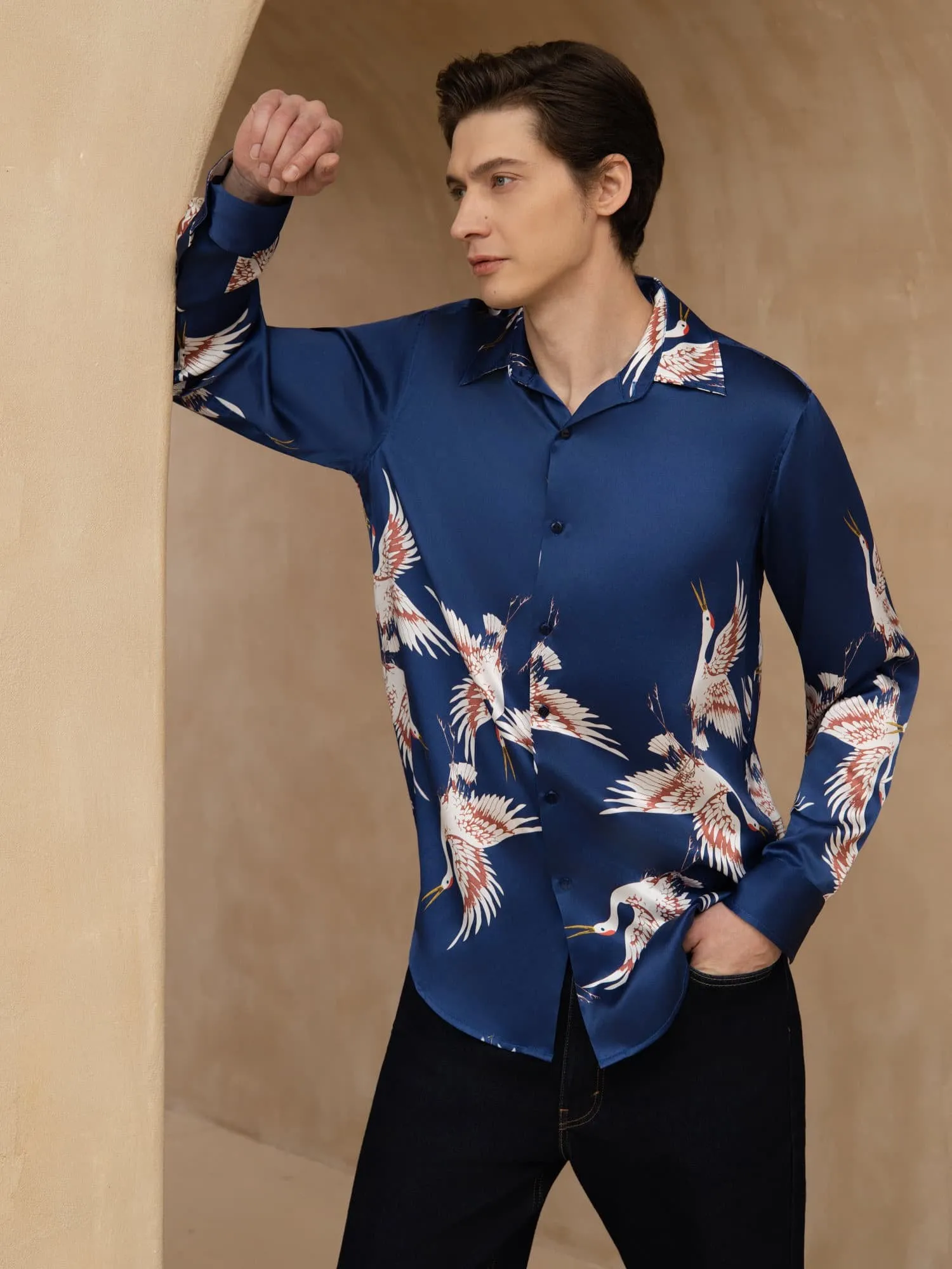 19Momme Pure Silk Men's Long Sleeve Lapel Collar Crane Print Shirt sold by SilkSilky product image thumbnail 4