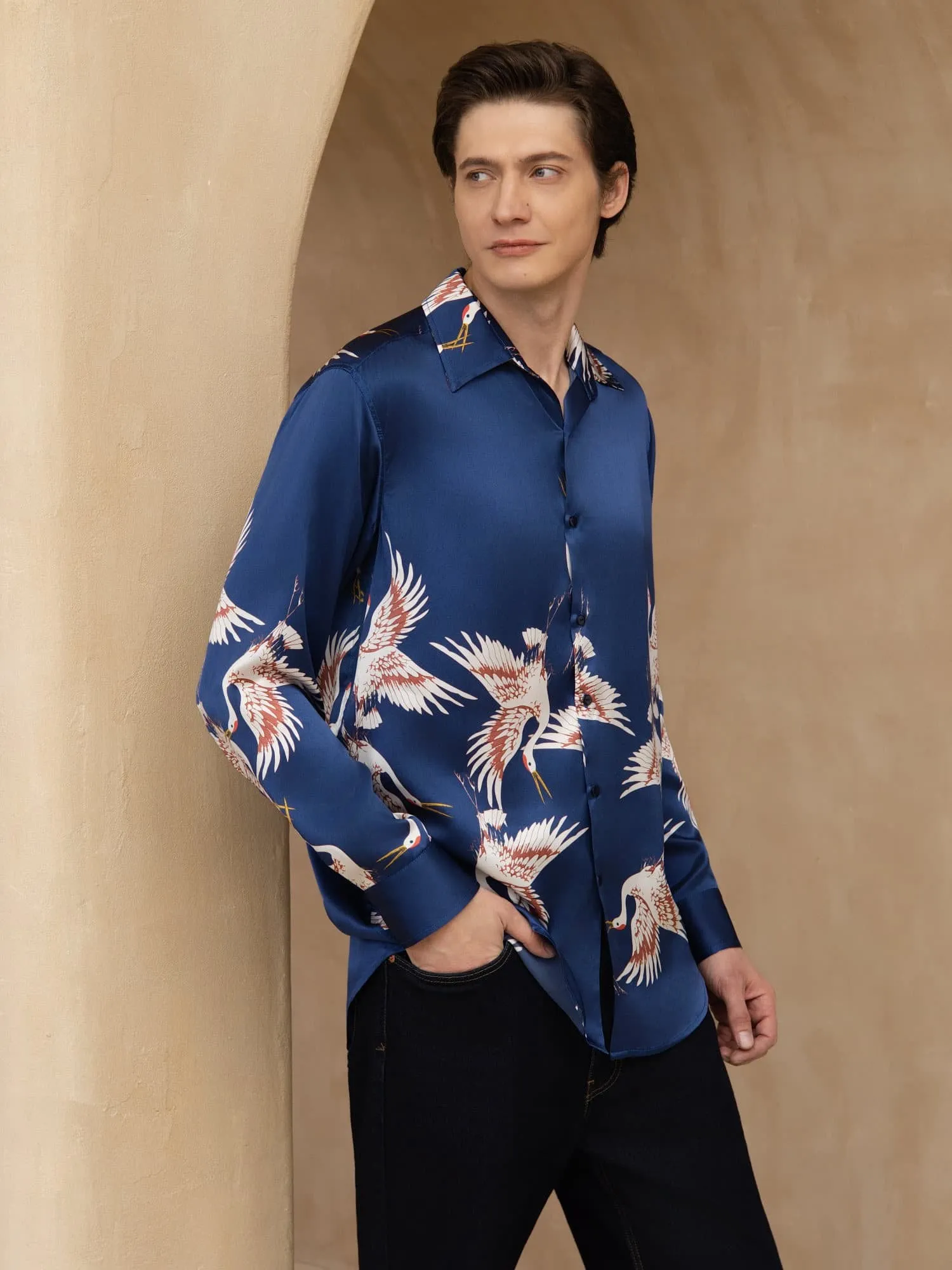 19Momme Pure Silk Men's Long Sleeve Lapel Collar Crane Print Shirt sold by SilkSilky product image thumbnail 5