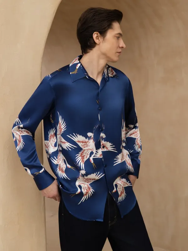 19Momme Pure Silk Men's Long Sleeve Lapel Collar Crane Print Shirt made by SilkSilky
