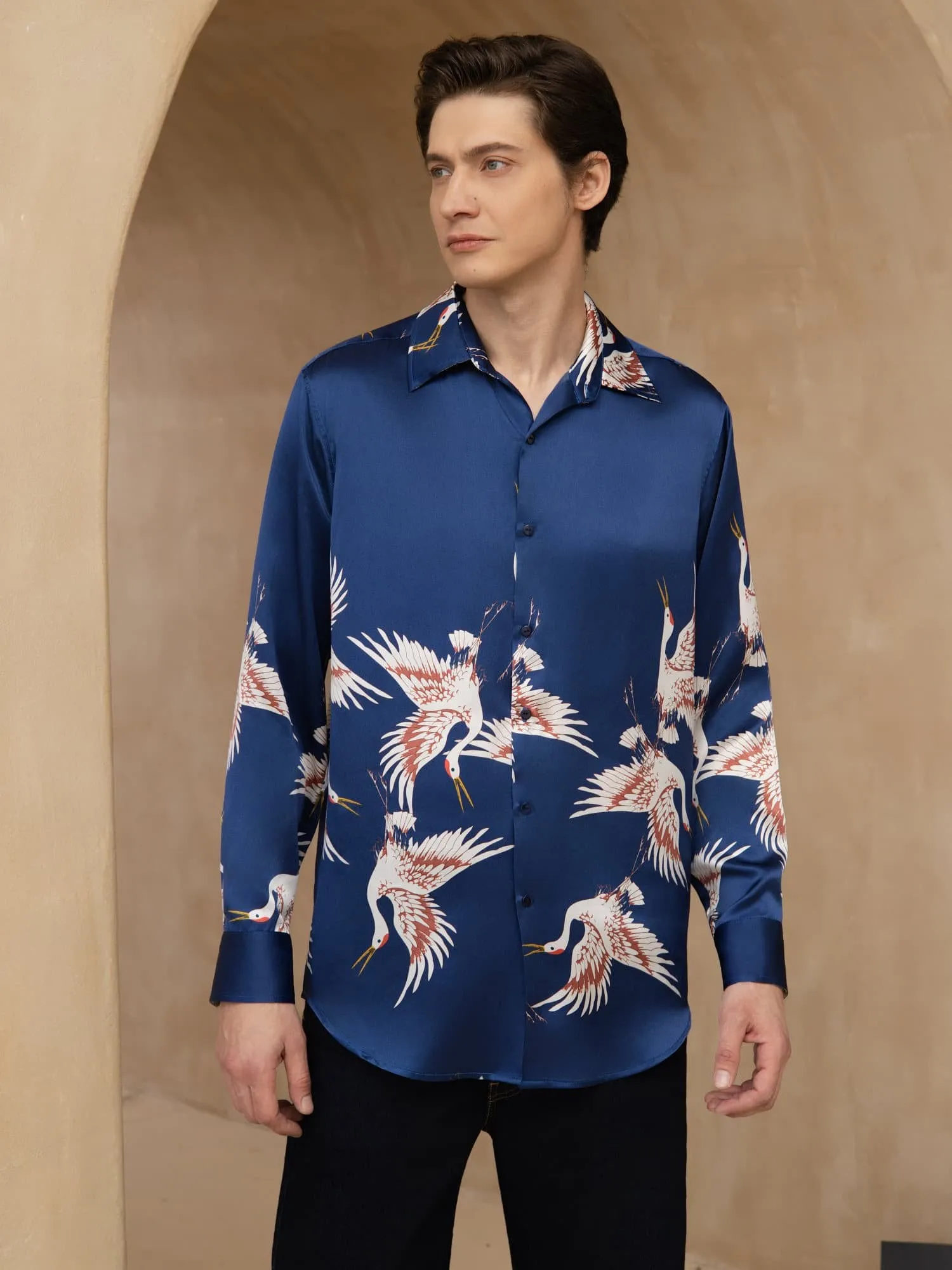 19Momme Pure Silk Men's Long Sleeve Lapel Collar Crane Print Shirt sold by SilkSilky product image thumbnail 3