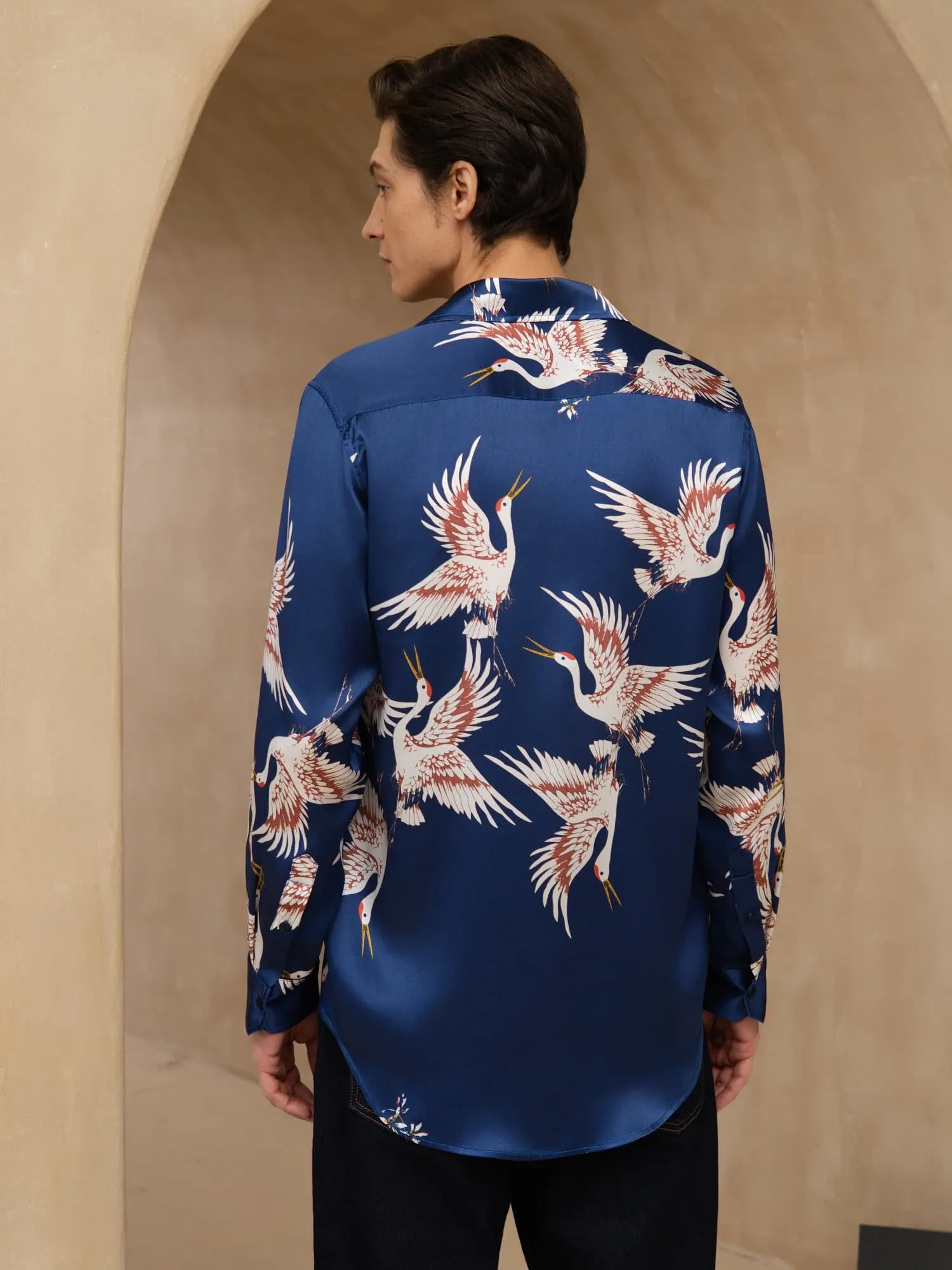 19Momme Pure Silk Men's Long Sleeve Lapel Collar Crane Print Shirt sold by SilkSilky product image thumbnail 2