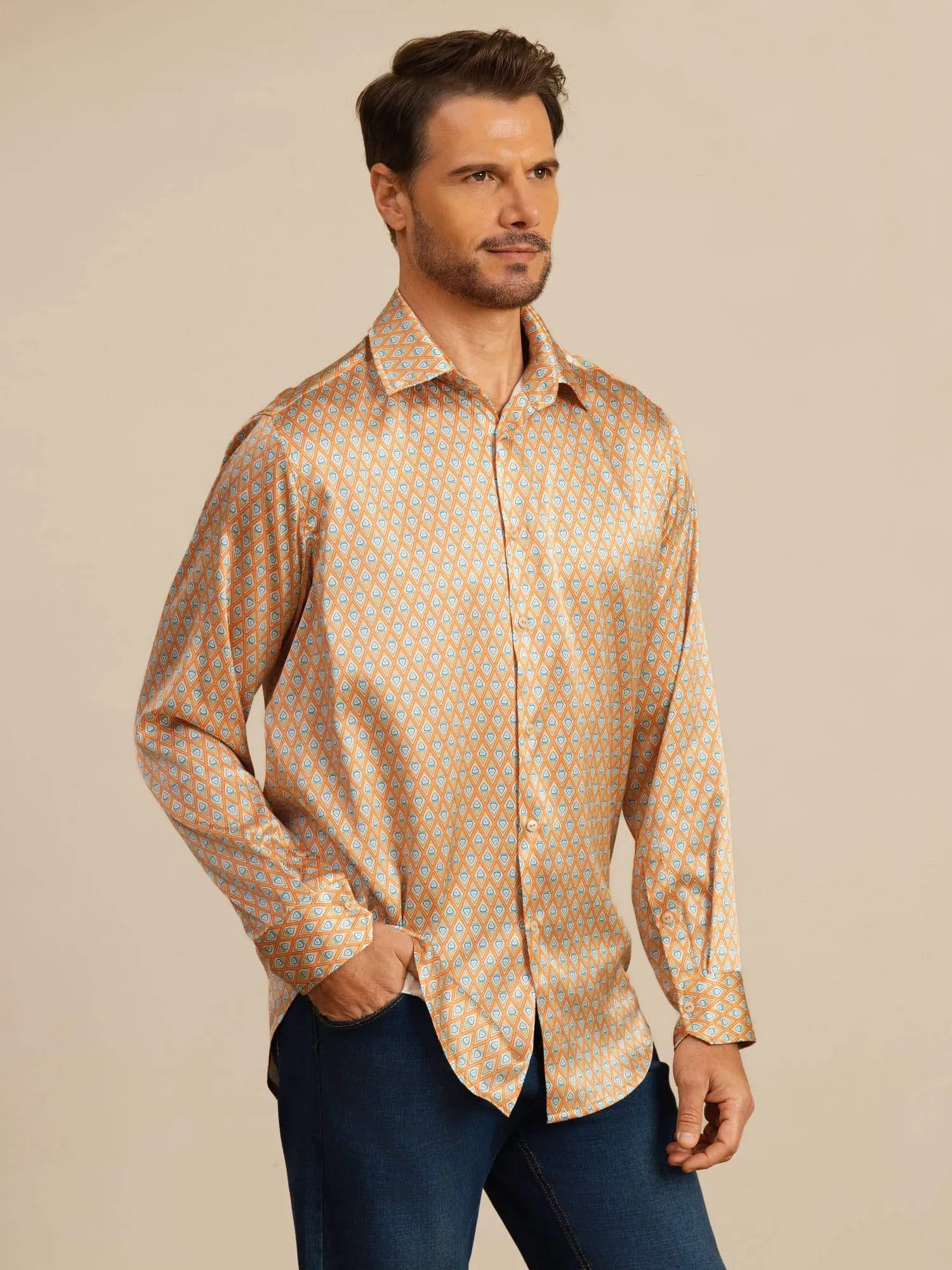19Momme Silk Men's Long Sleeve Lapel Collar Floral Print Shirt sold by SilkSilky product image thumbnail 3