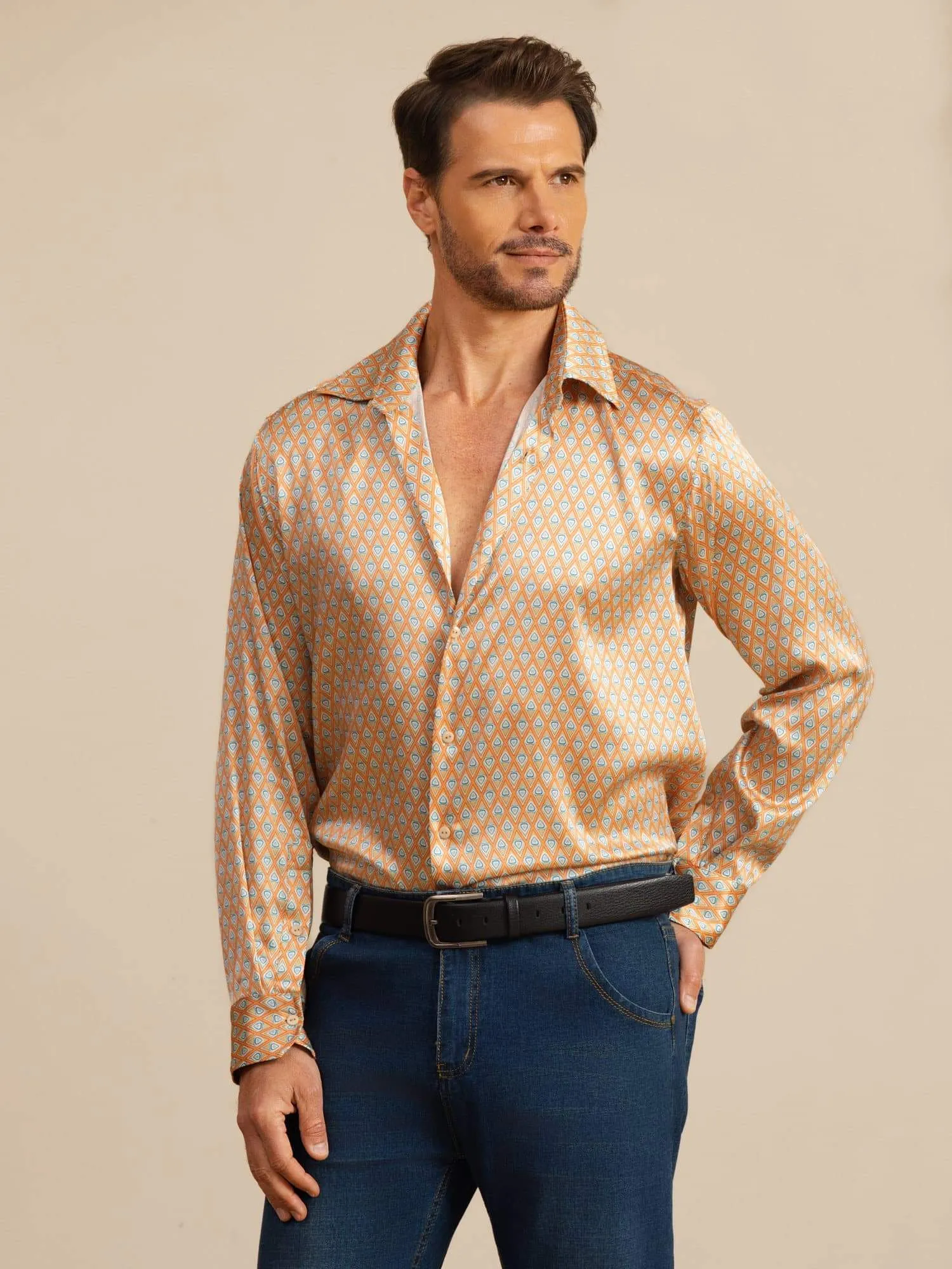 19Momme Silk Men's Long Sleeve Lapel Collar Floral Print Shirt sold by SilkSilky product image thumbnail 5