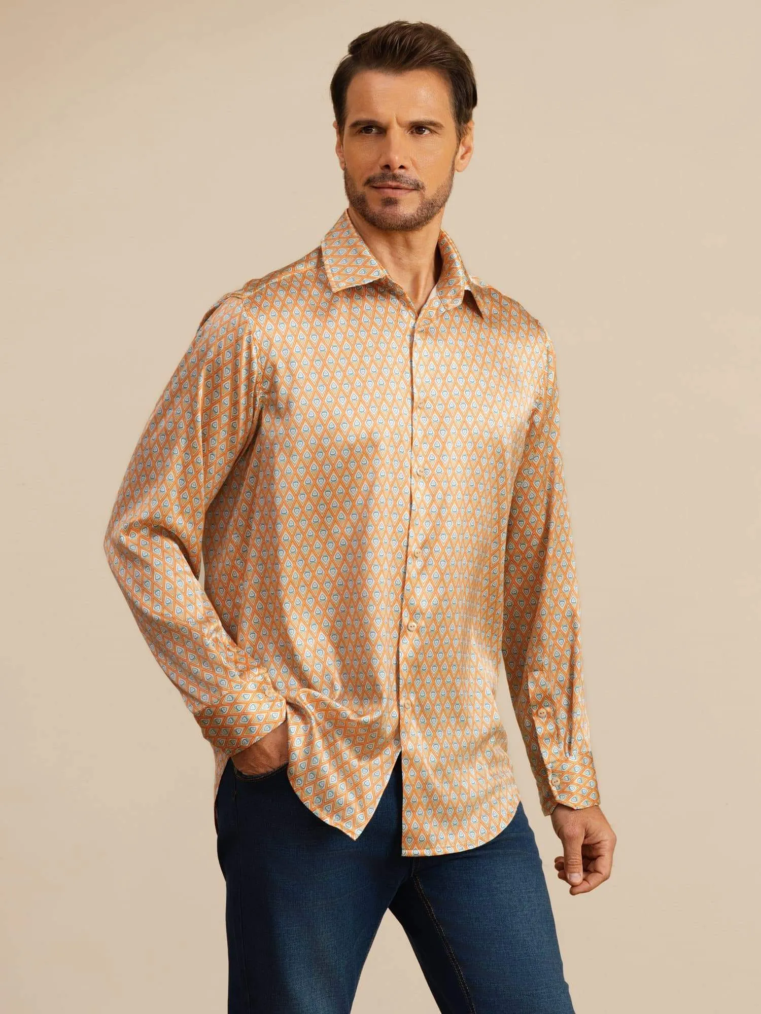 19Momme Silk Men's Long Sleeve Lapel Collar Floral Print Shirt sold by SilkSilky product image thumbnail 4