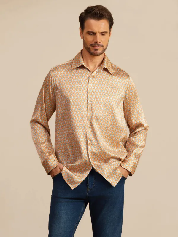 19Momme Silk Men's Long Sleeve Lapel Collar Floral Print Shirt made by SilkSilky