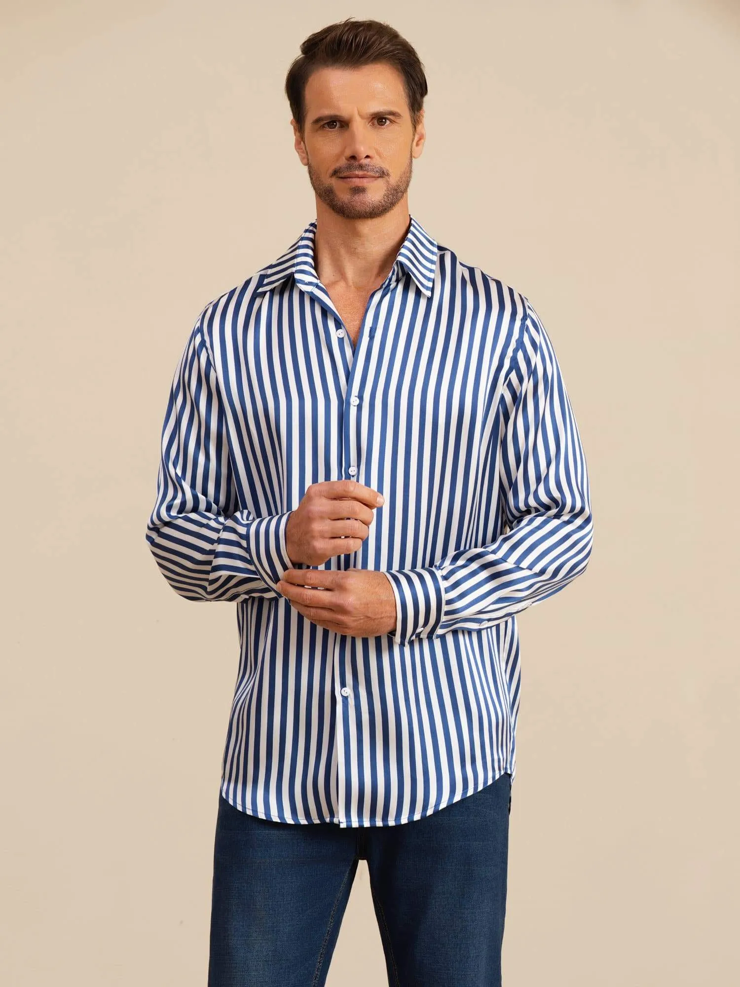 19Momme Silk Men's Long Sleeve Lapel Collar Stripe Print Shirt sold by SilkSilky product image thumbnail 3