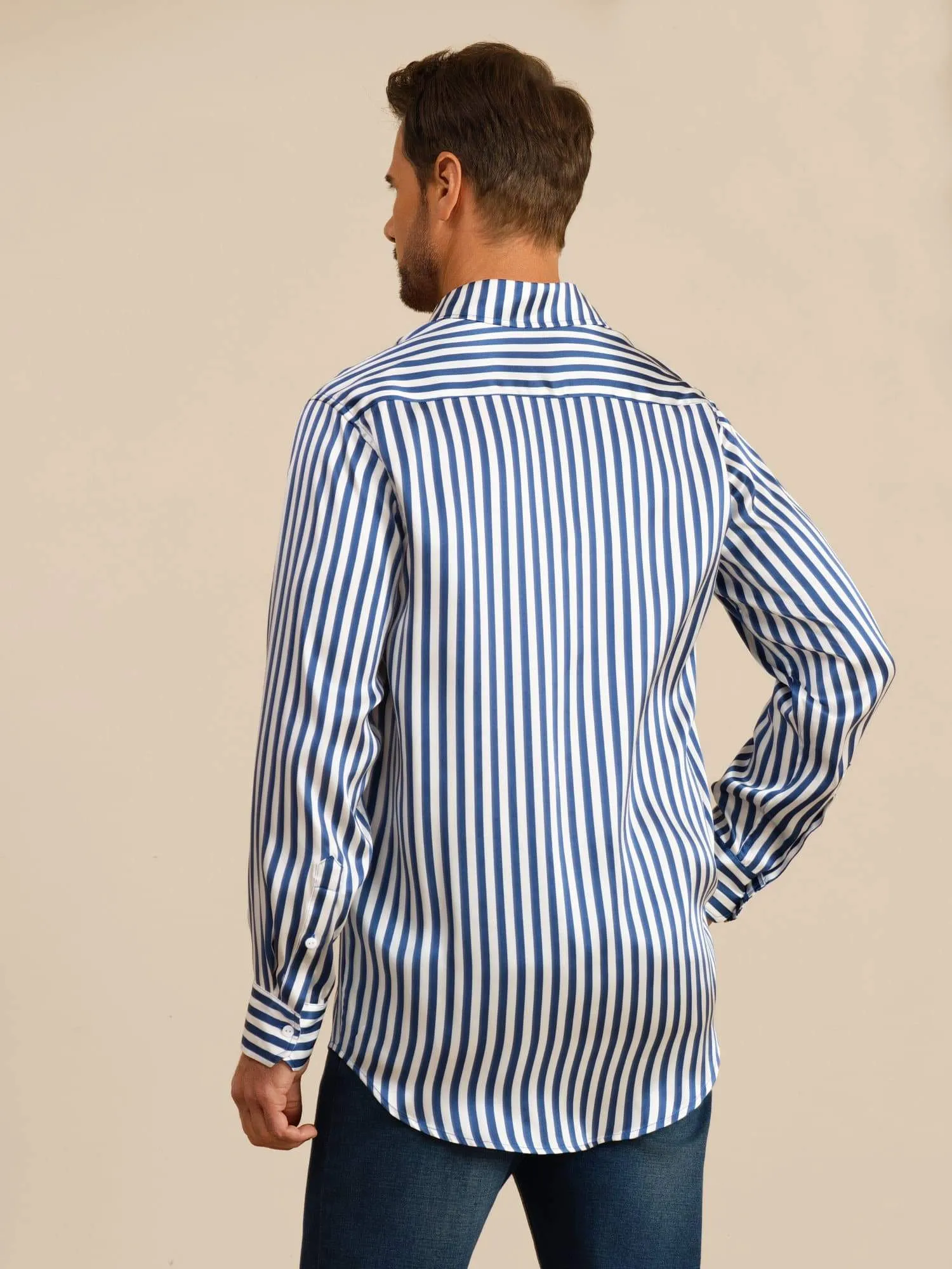 19Momme Silk Men's Long Sleeve Lapel Collar Stripe Print Shirt sold by SilkSilky product image thumbnail 2