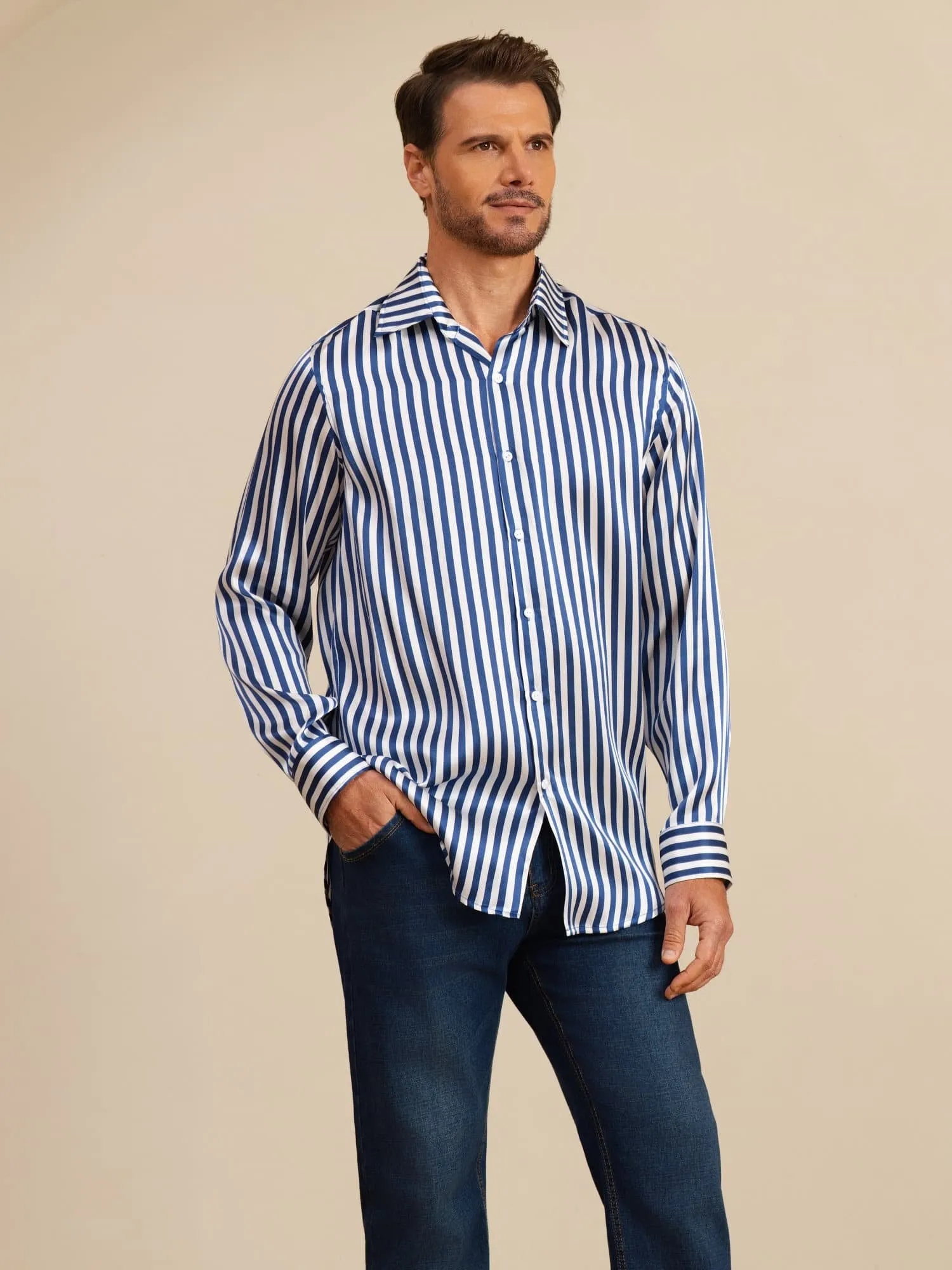 19Momme Silk Men's Long Sleeve Lapel Collar Stripe Print Shirt sold by SilkSilky product image thumbnail 4