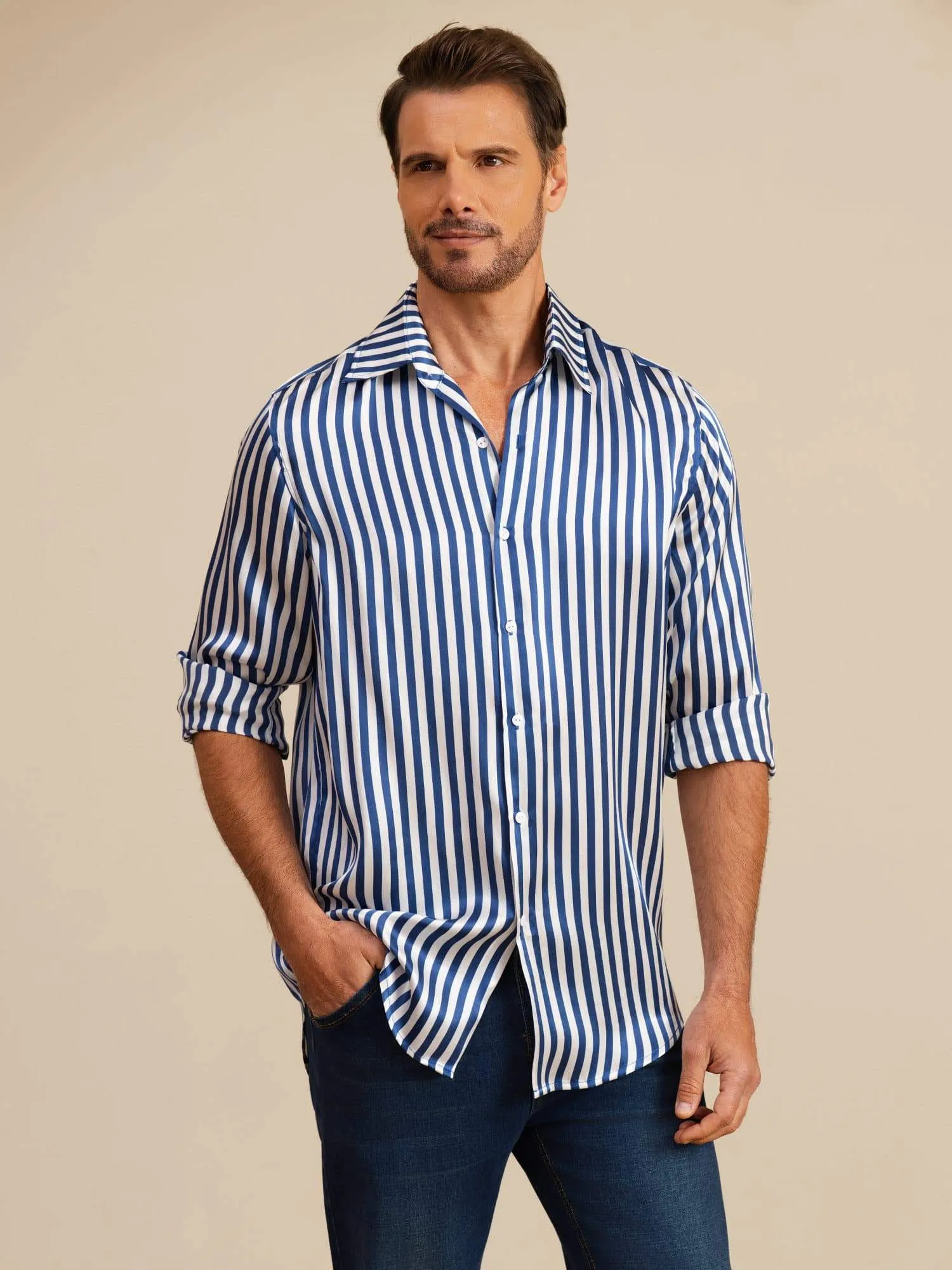 19Momme Silk Men's Long Sleeve Lapel Collar Stripe Print Shirt sold by SilkSilky product image thumbnail 5