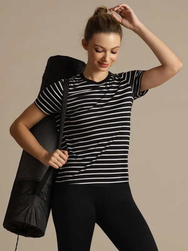 Pure Silk Short Sleeve Round Neck Women's Stripe Sport T-shirt made by SilkSilky
