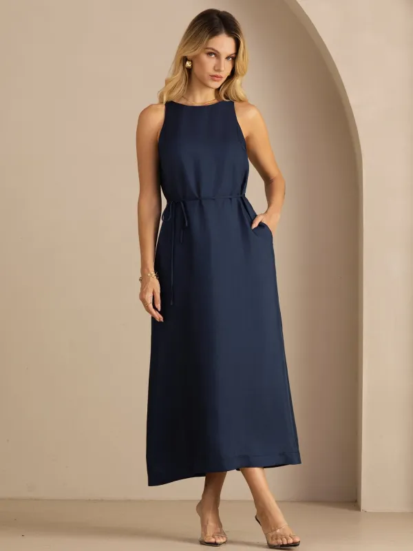 100% Mulberry Silk Crew Neck Sleeveless Self-Tie Midi Dress made by SilkSilky