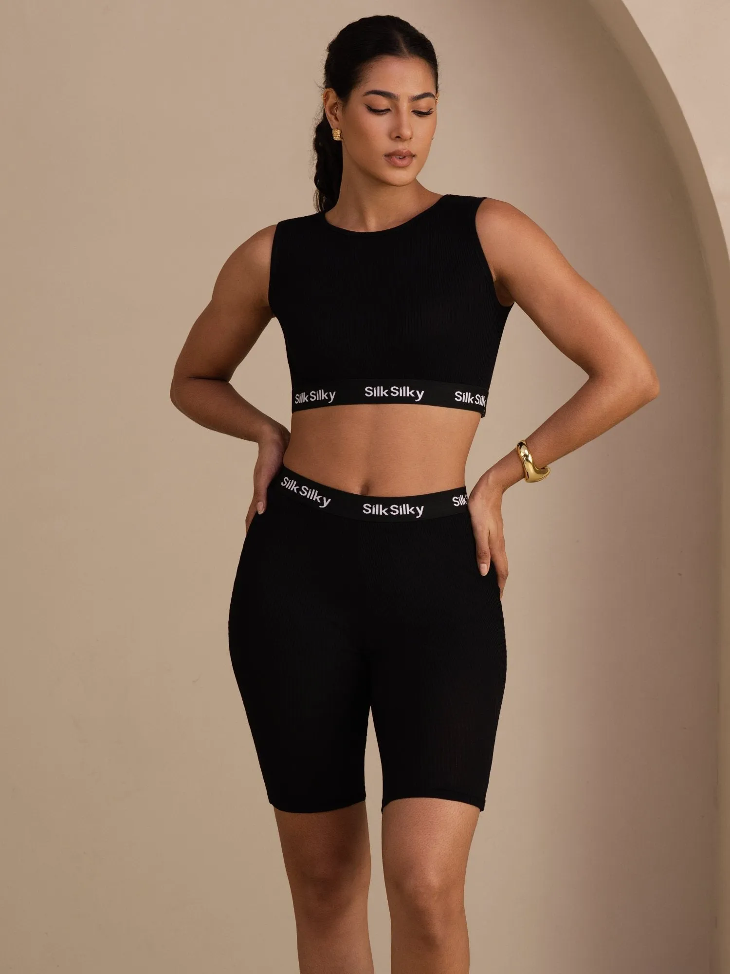 Silk Cotton Sporty Wide Strap Crop Tank Top & High-Waist Bike Shorts 2Pcs Set sold by SilkSilky product image thumbnail 3
