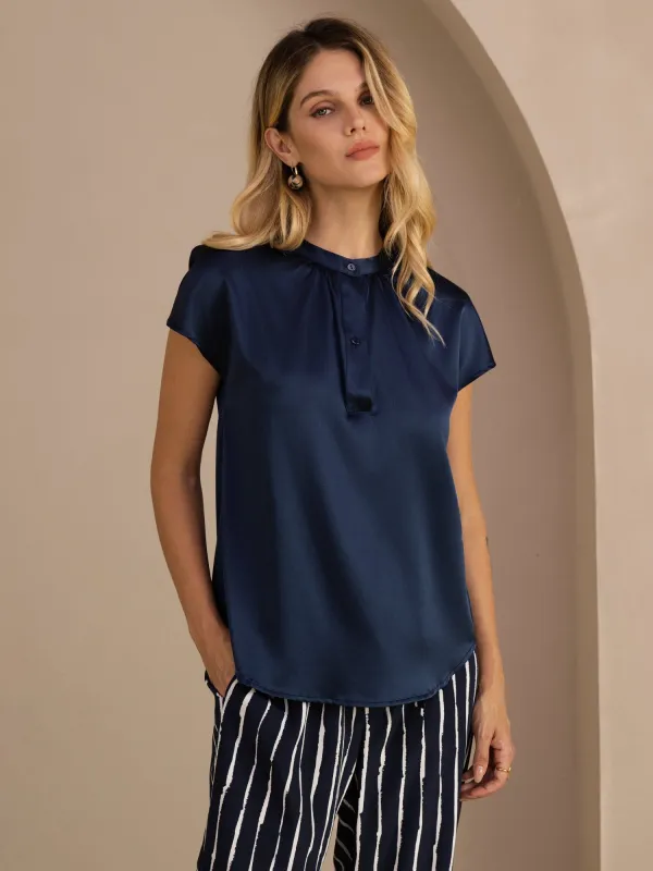 19Momme Silk Women’s Split Neck Short Sleeve Blouse made by SilkSilky