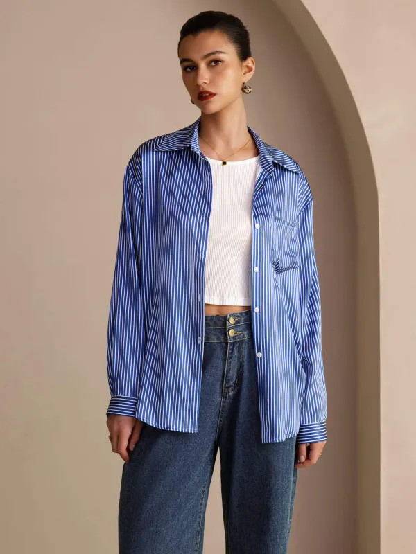 19Momme Silk Pinstripe Pattern Button Up Long Sleeve Women's Shirt made by SilkSilky
