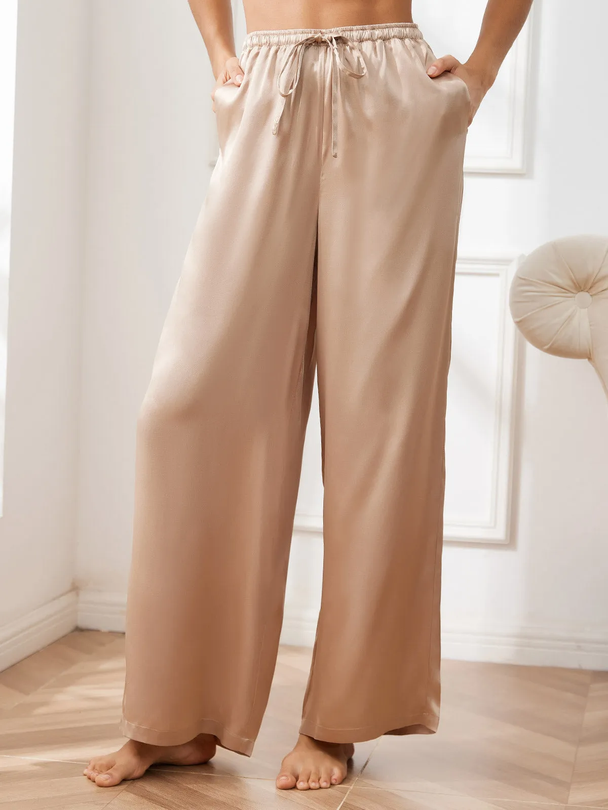 Women's Pure Silk Wide Leg Pants with Elastic Waist Design sold by SilkSilky product image thumbnail 3