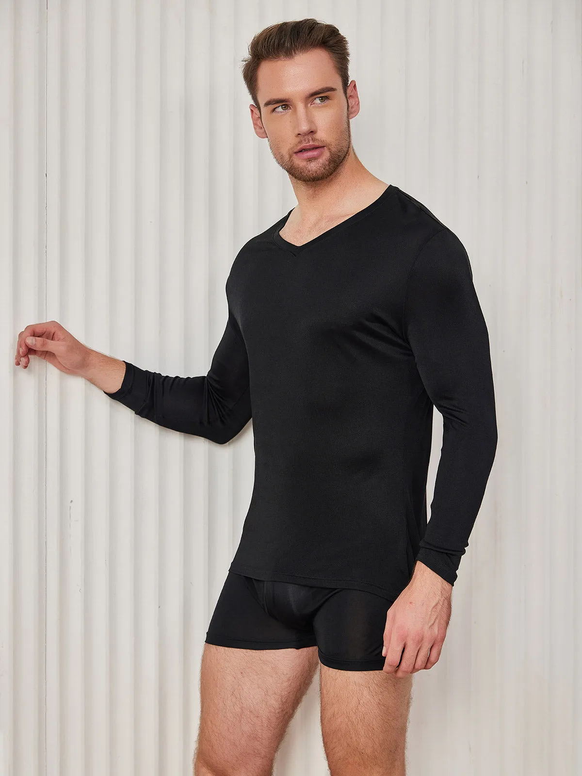Mens V-Neck Long Sleeve Silk Knitted Tee sold by SilkSilky