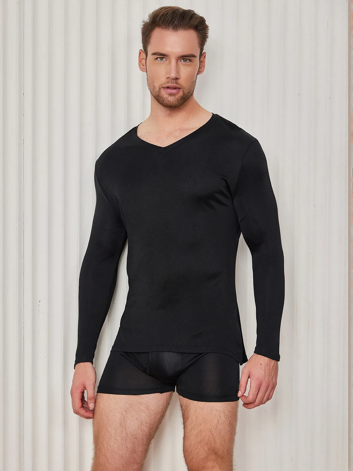 Mens V-Neck Long Sleeve Silk Knitted Tee sold by SilkSilky product image thumbnail 3