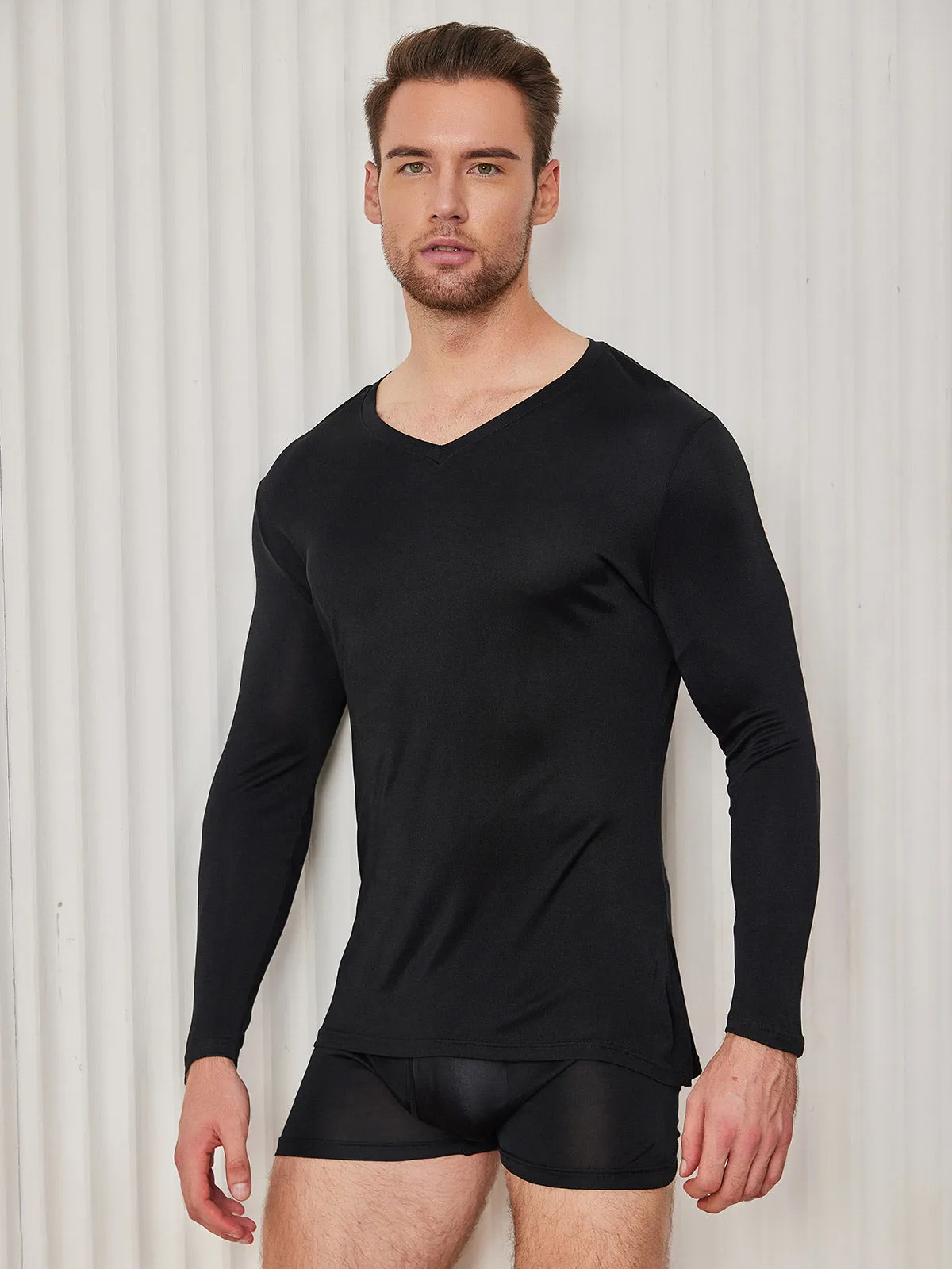 Mens V-Neck Long Sleeve Silk Knitted Tee sold by SilkSilky product image thumbnail 4