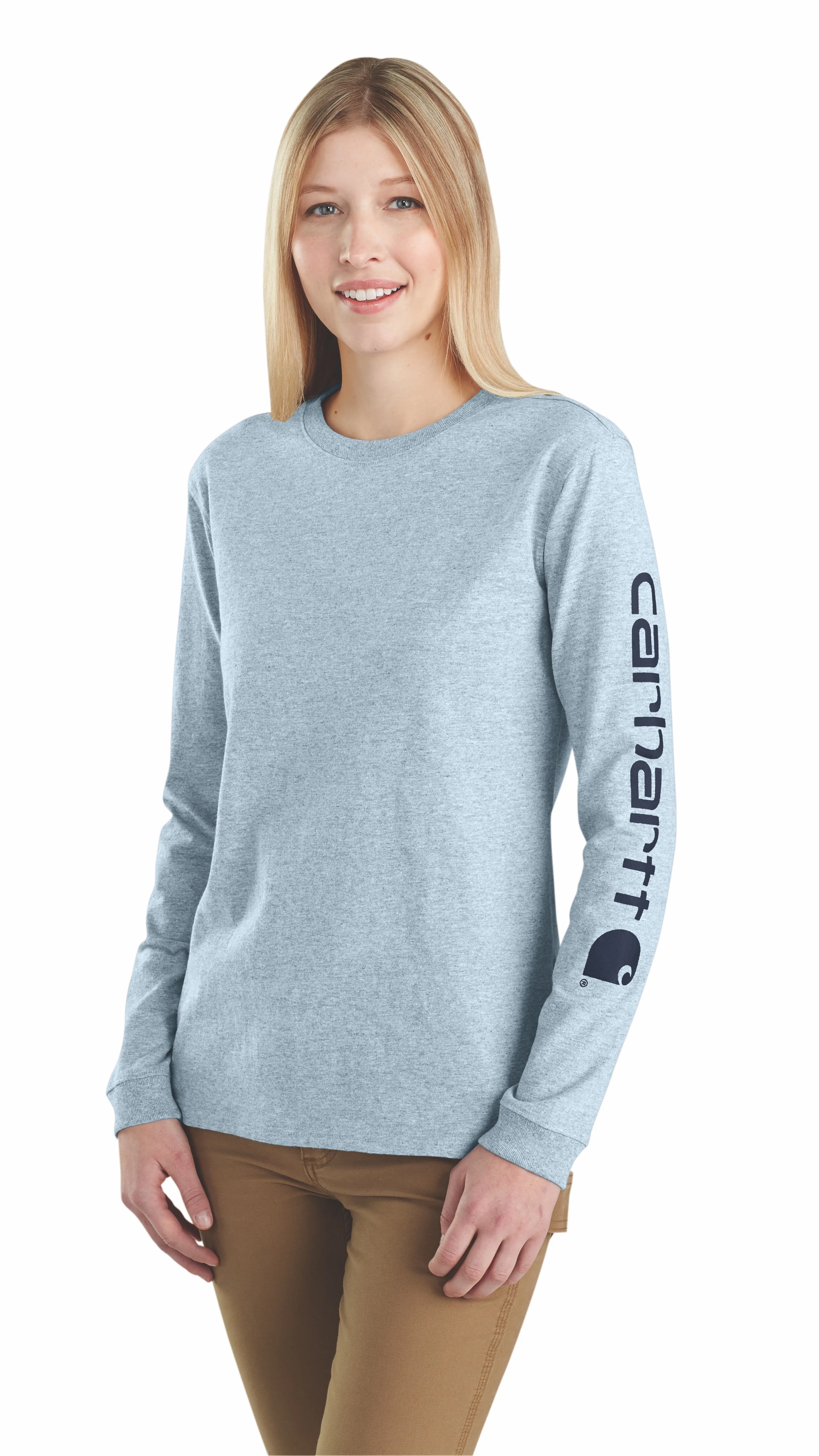Carhartt Women's Heavyweight Long Sleeve Logo T-Shirt_Soft Blue Heather sold by Work World
