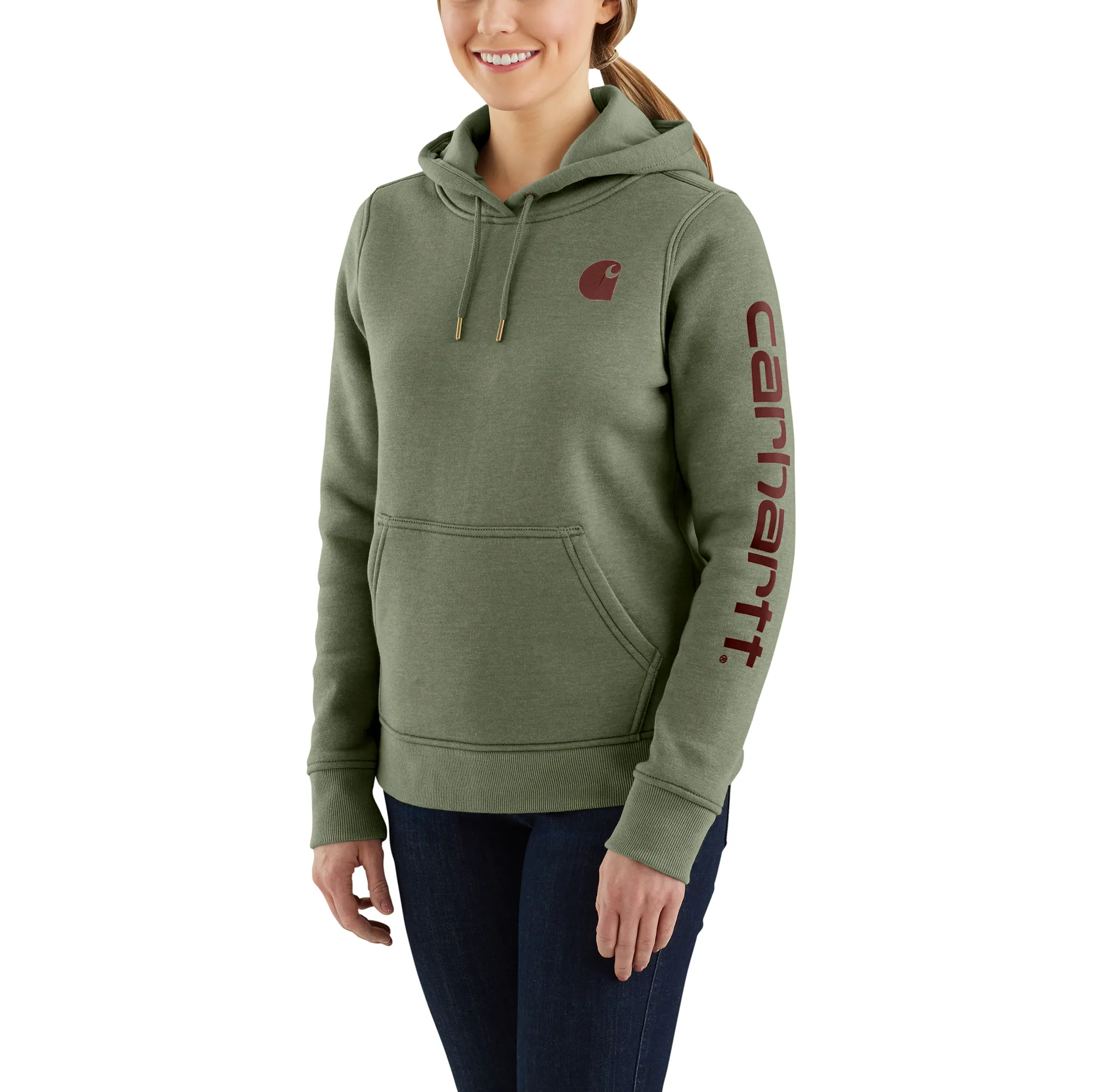Carhartt Women's Clarksburg Graphic Sleeve Hoodie_Olivine Heather sold by Work World
