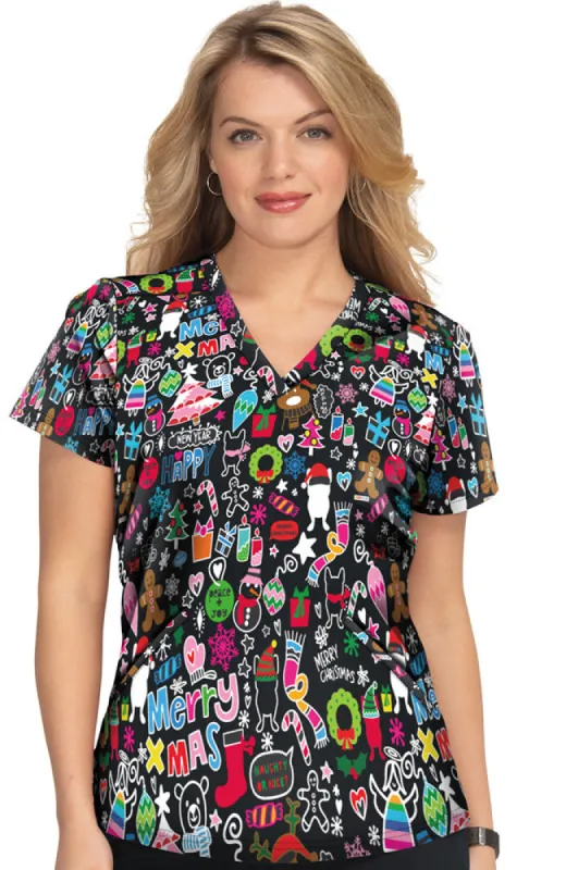 koi Women's Doll Christmas Doodle Scrub Top sold by Work World