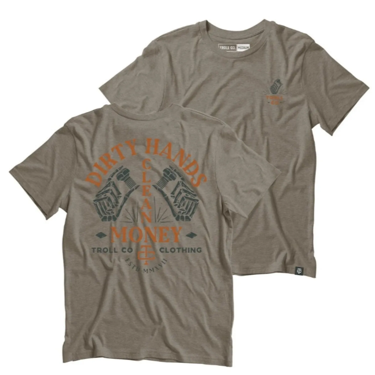 Troll Co. Men's Fastened "Dirty Hands Clean Money" Graphic Short Sleeve T-Shirt sold by Work World
