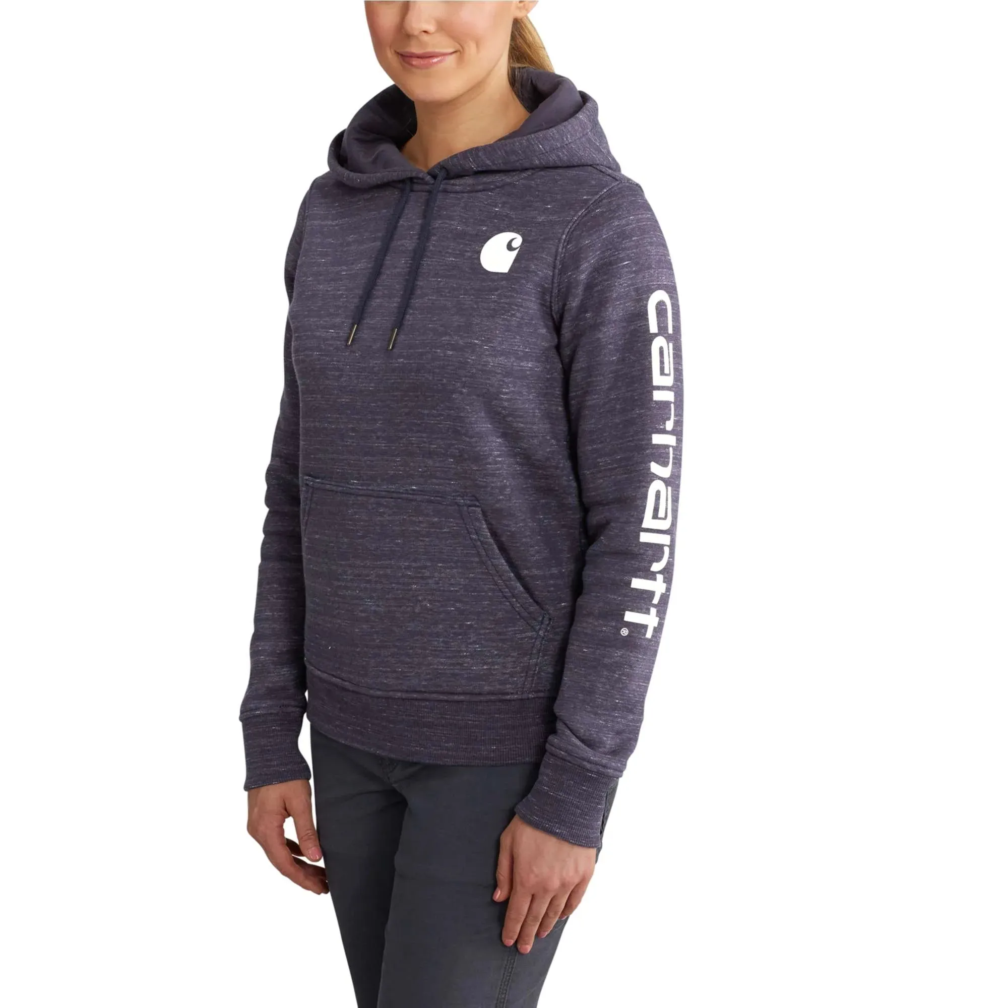 Carhartt Women's Clarksburg Graphic Sleeve Hoodie_Navy Space Dye sold by Work World
