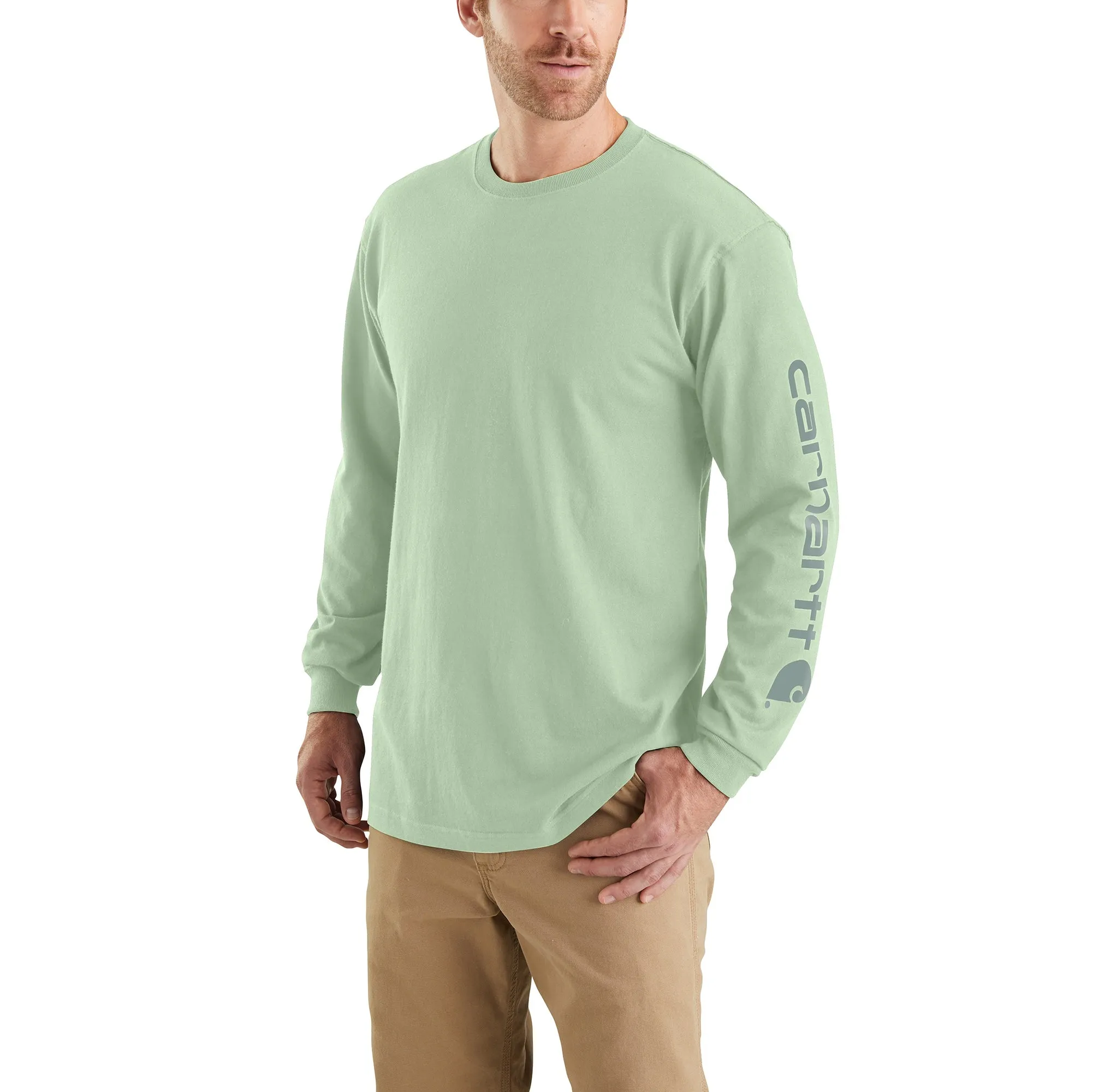 Carhartt Men's Signature Logo Long Sleeve T-Shirt_Soft Green sold by Work World